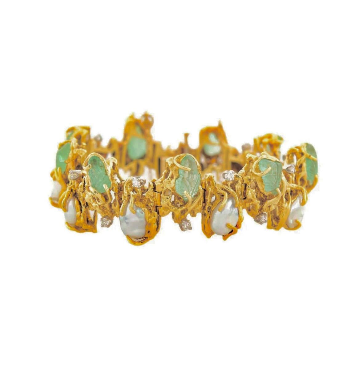 Vintage 18k Emerald, Pearl, and Diamond Bracelet For Sale