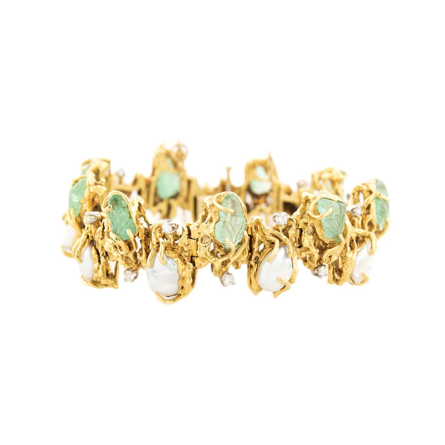 Vintage 18k Emerald, Pearl, and Diamond Bracelet