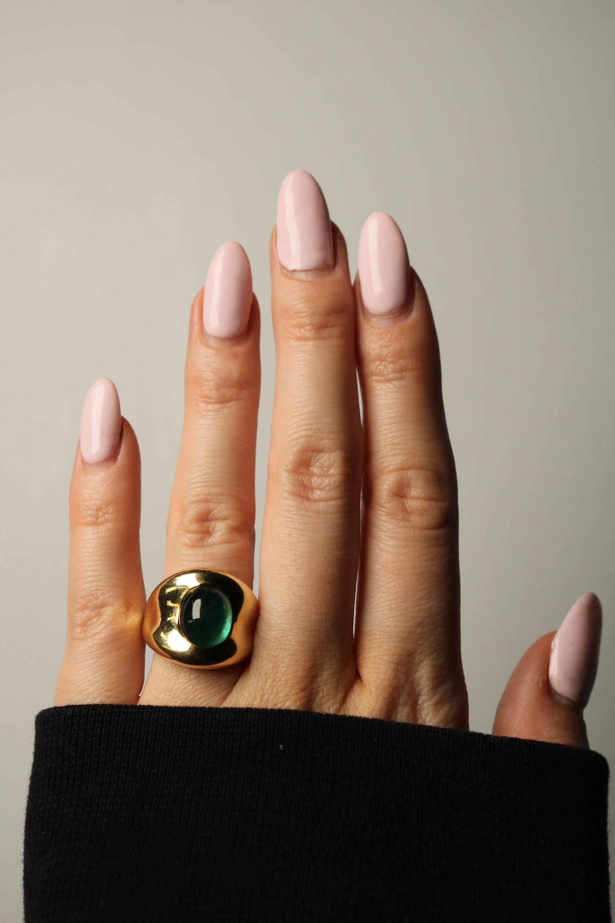 Vintage 18K Emerald Ring Yellow Gold Cabochon Cut ~5.84ct Size 7.25 For Sale 6