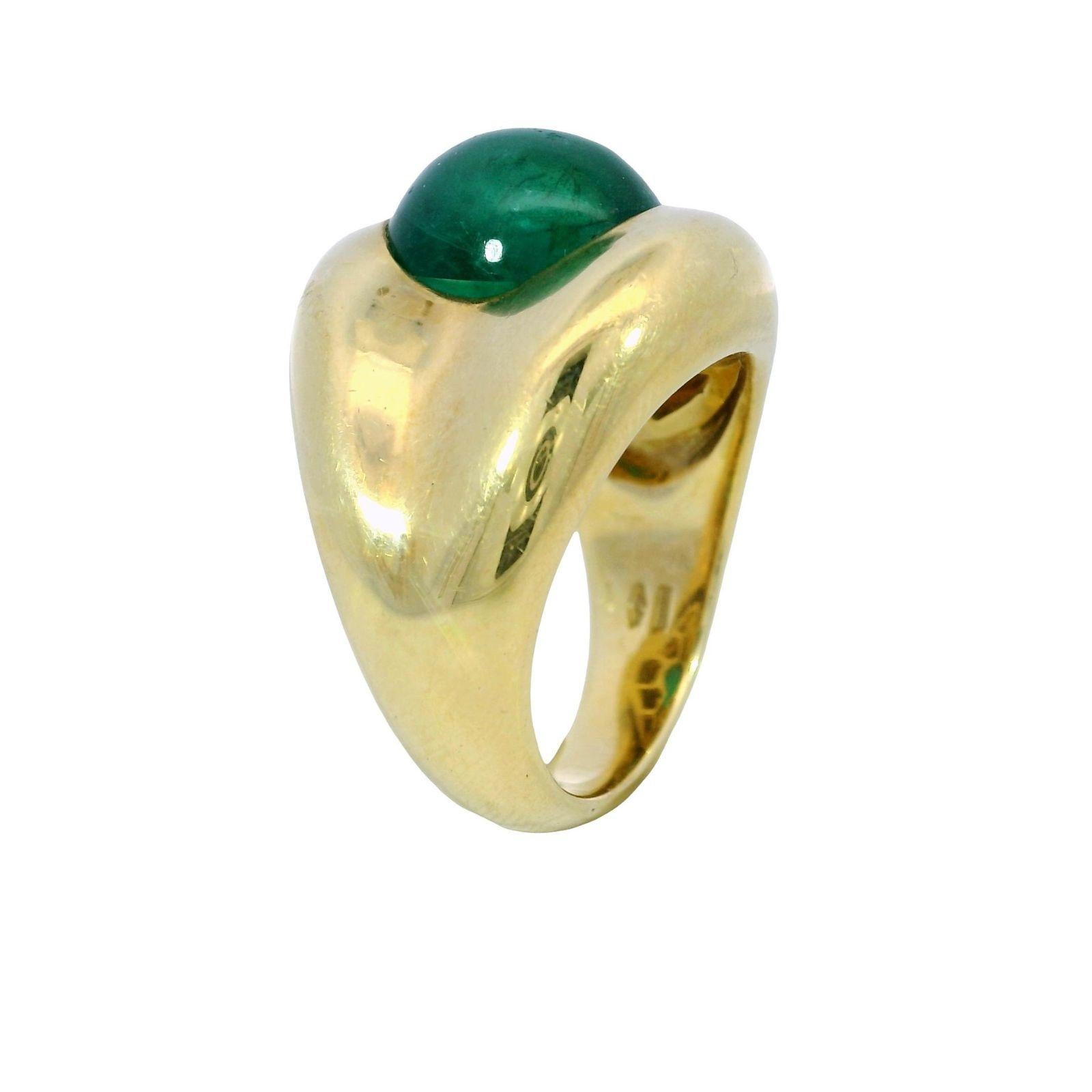 Vintage 18K Emerald Ring Yellow Gold Cabochon Cut ~5.84ct Size 7.25 For Sale 3