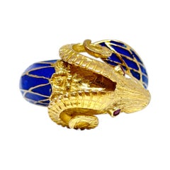 Vintage 18K Enamel and Ruby Ram Wrap Around Ring