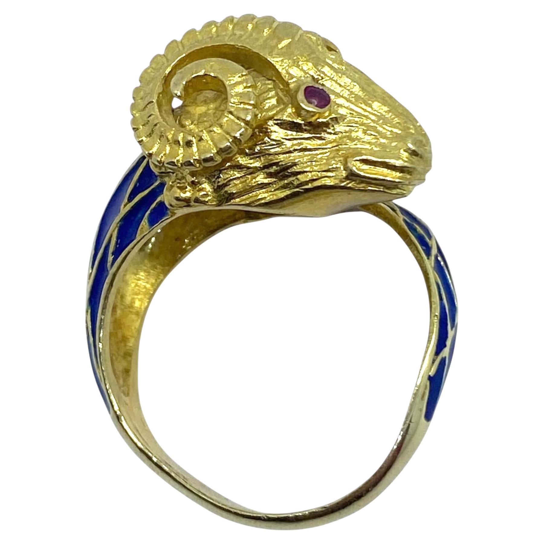 Vintage 18K Enamel and Ruby Ram Wrap Around Ring For Sale
