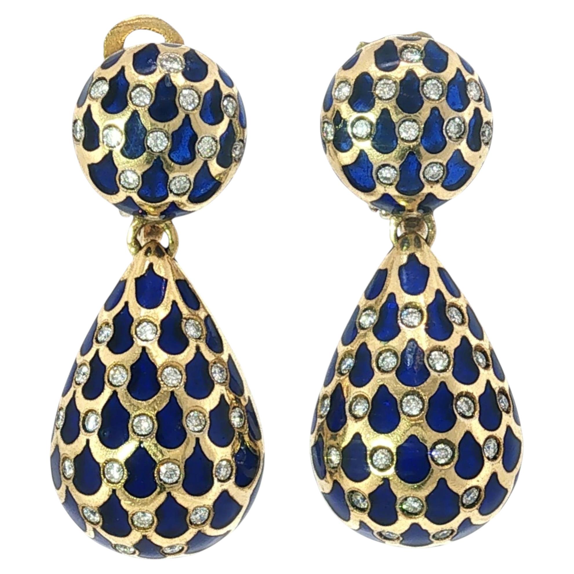 Vintage 18K Enamel Earring Plique-à-Jour Drops Yellow Gold 1960s