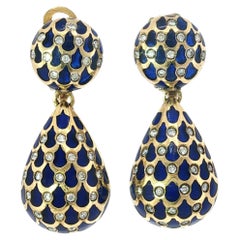 Vintage 18K Enamel Earring Plique-à-Jour Drops Yellow Gold 1960s