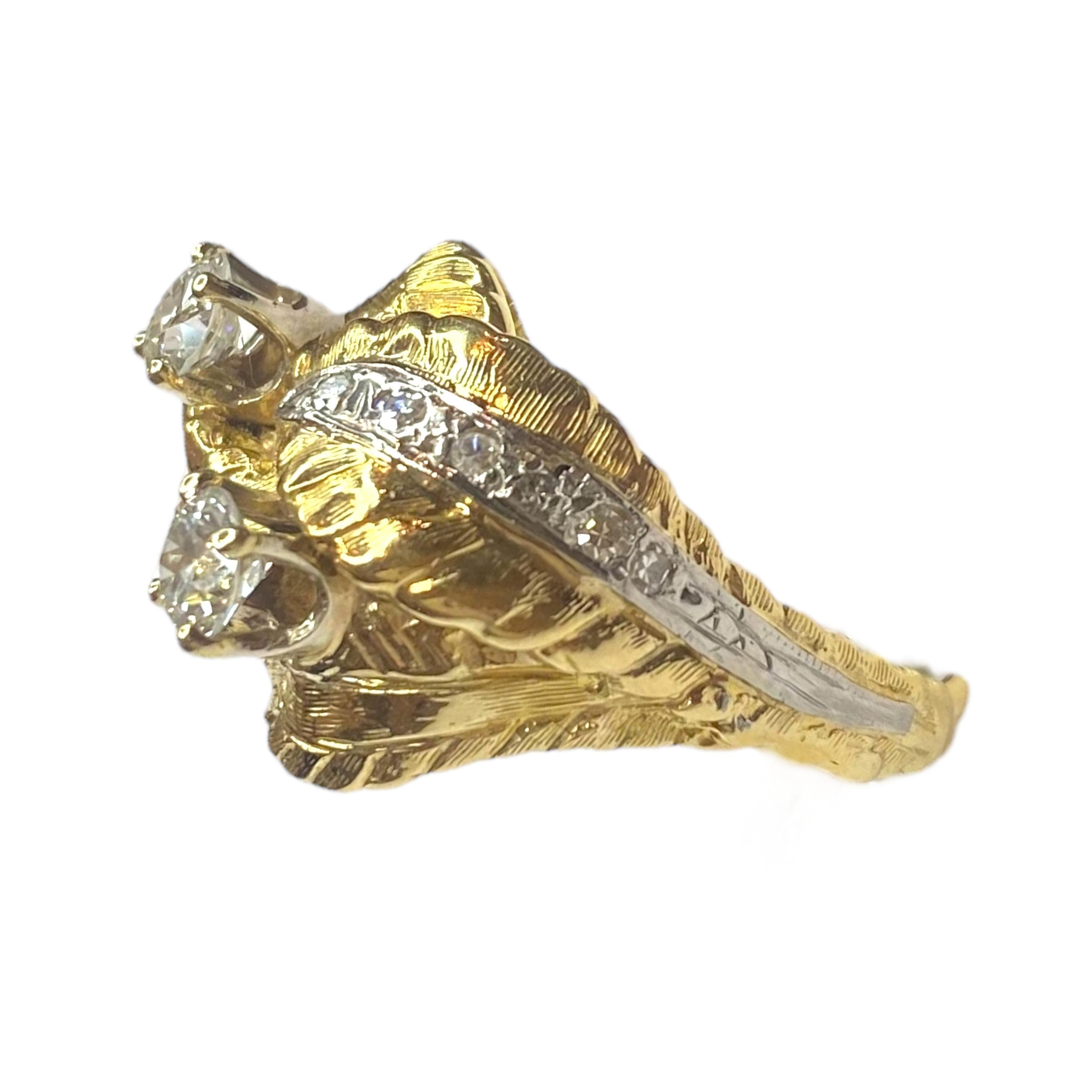 Anillo de diamantes cruzados con diseño foliado vintage de 18 quilates Corte europeo antiguo en venta
