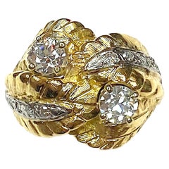 Vintage 18K Foliate Design Crossover Diamond Ring