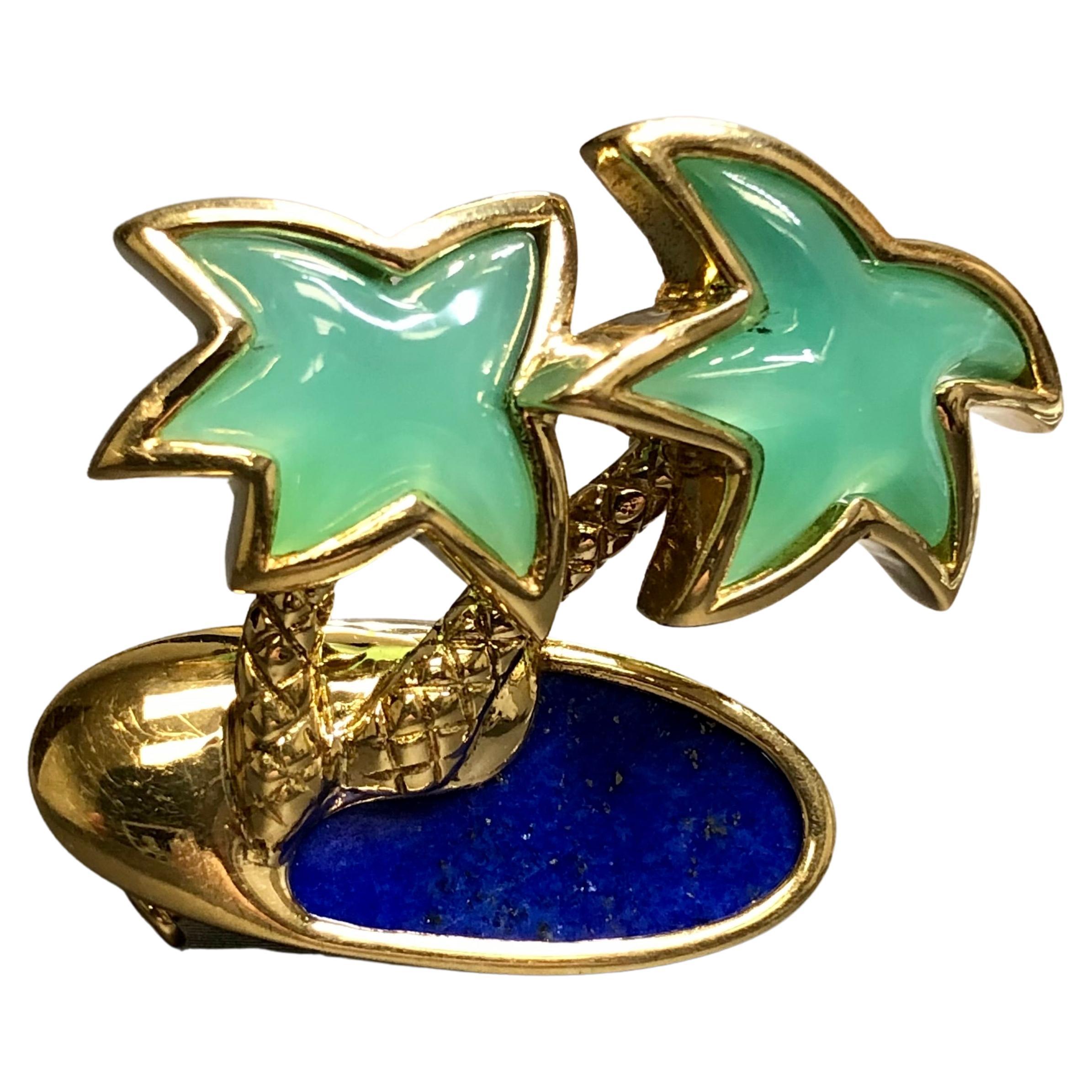 Vintage 18K Fred Paris Chrysoprase Chalcedony Lapis Palm Tree Pin Brooch For Sale