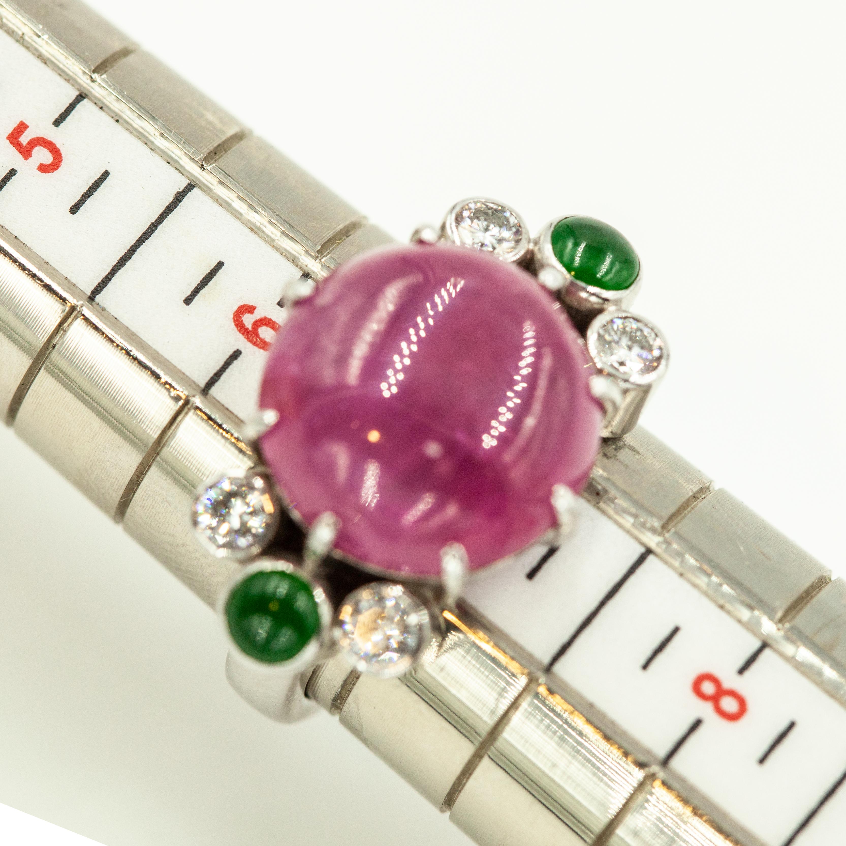 Femenino o masculino Anillo vintage de 18 quilates con zafiro rosa, diamante y turmalina verde, certificado por la GIA