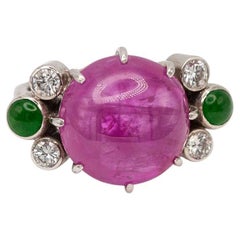 Anillo vintage de 18 quilates con zafiro rosa, diamante y turmalina verde, certificado por la GIA