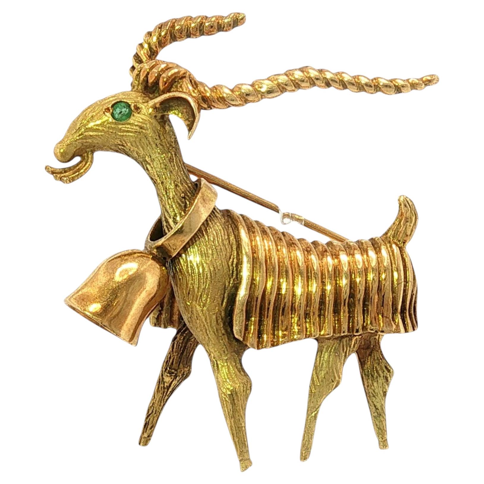 Vintage 18K Goat Brooch French Made Emerald Eyes Articulated Bell Pendant YG