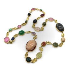 Vintage 18K Gołd French Egyptian Revival Scarab Multi-Stone Necklace