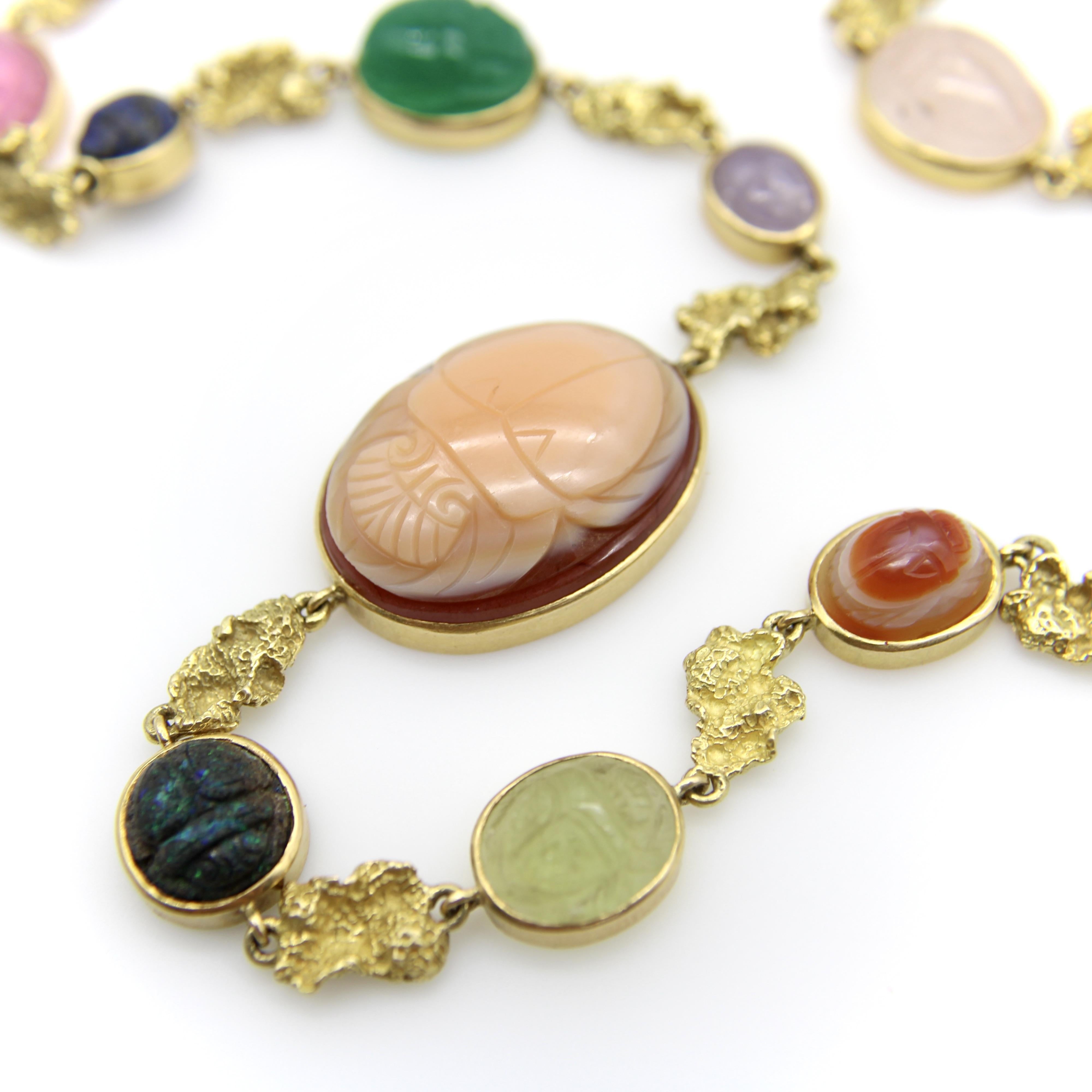 Cabochon Vintage 18K Gołd French Egyptian Revival Multi-Stone Necklace For Sale