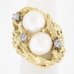 Vintage 18k Gold 0.40ctw Diamond & Pearl Nugget Textured Freeform Cocktail Ring