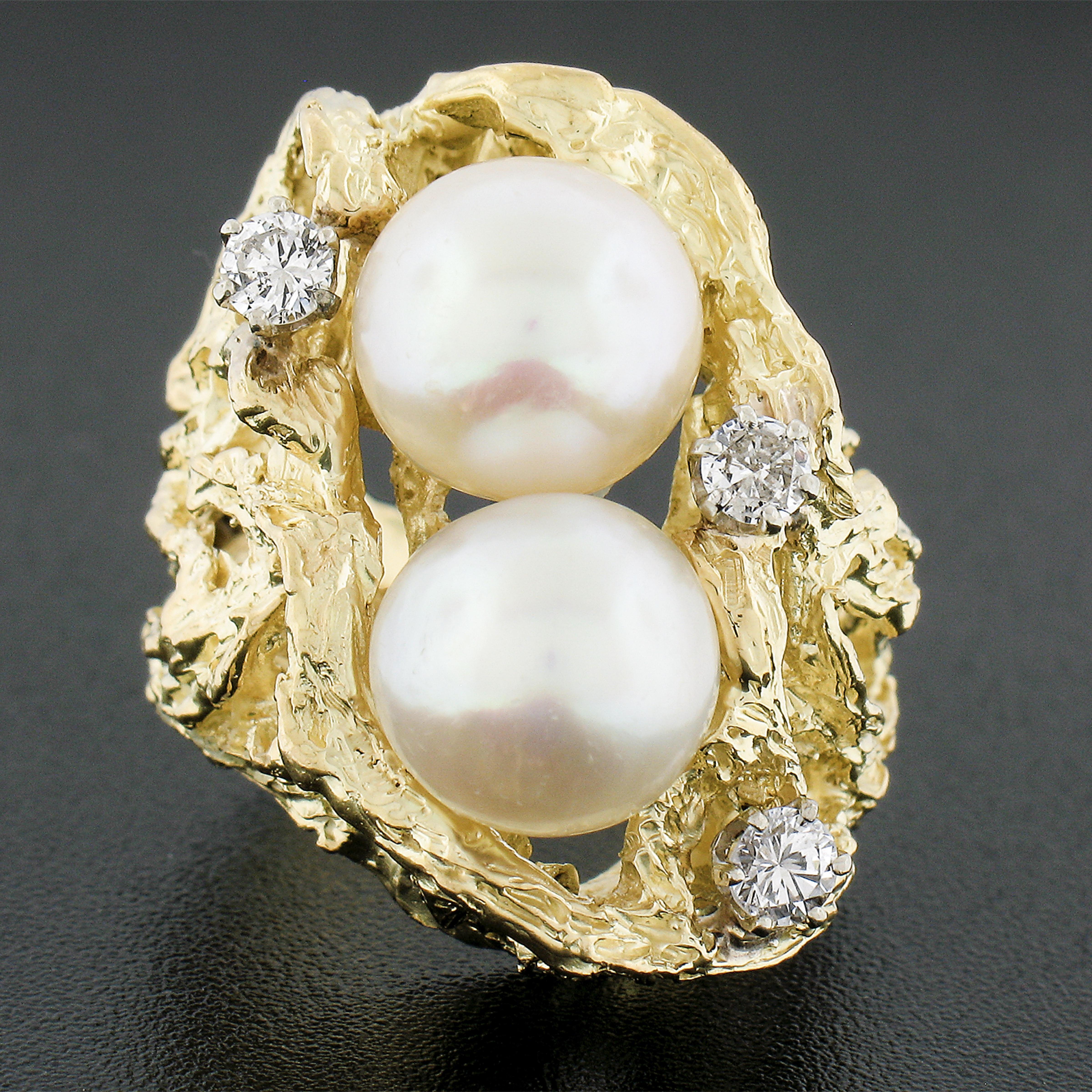 Round Cut Vintage 18k Gold 0.40ctw Diamond & Pearl Nugget Textured Freeform Cocktail Ring For Sale