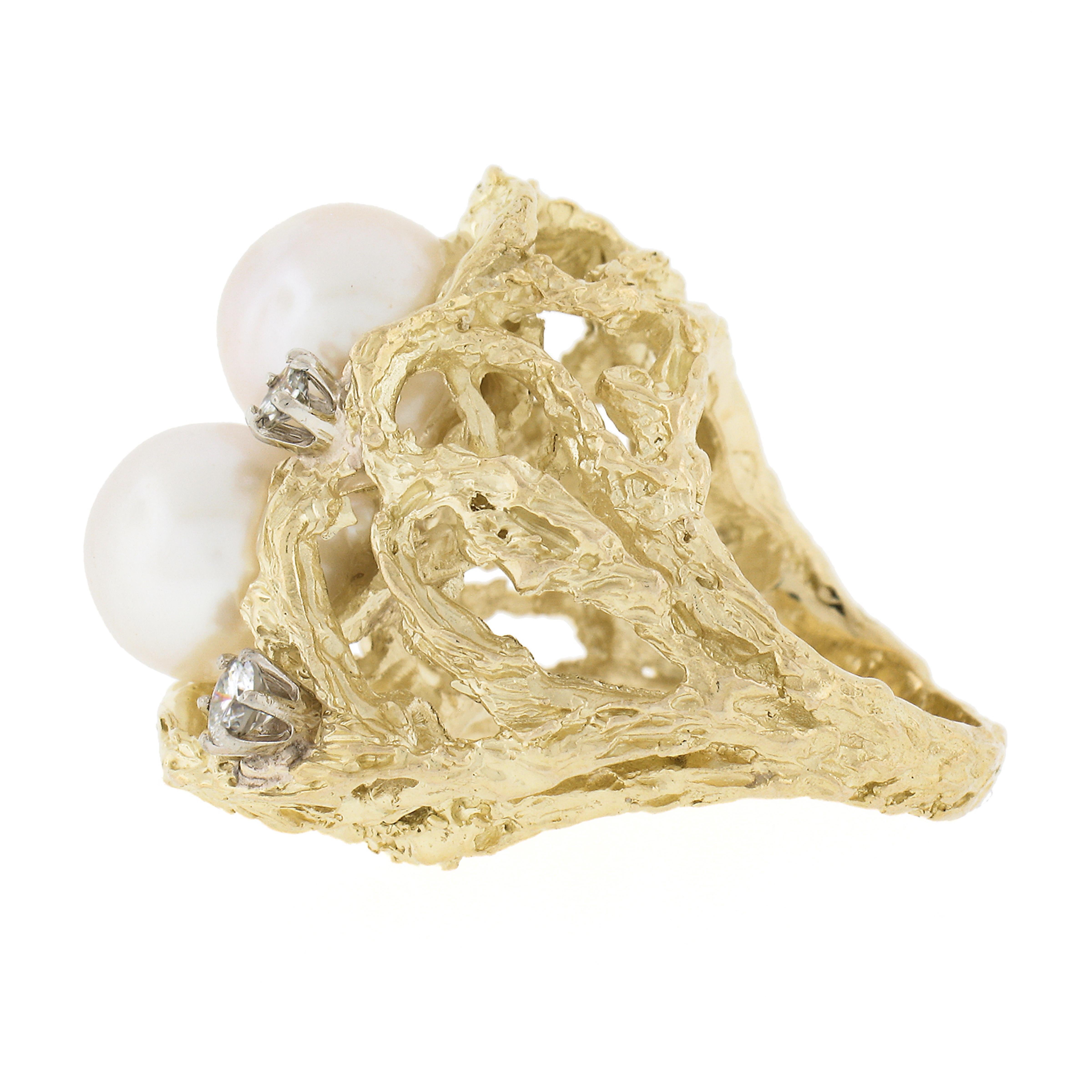 Women's Vintage 18k Gold 0.40ctw Diamond & Pearl Nugget Textured Freeform Cocktail Ring For Sale