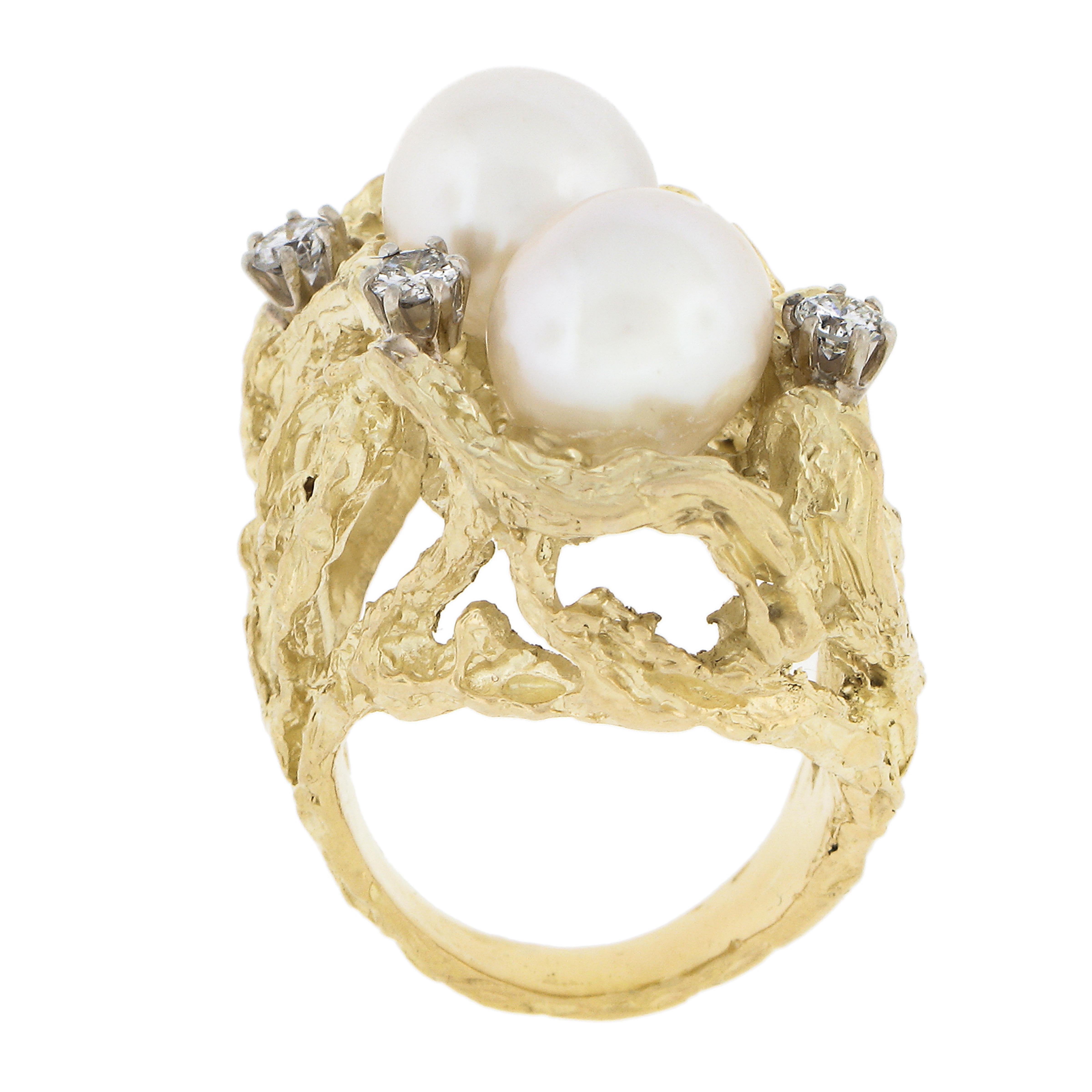 Vintage 18k Gold 0.40ctw Diamond & Pearl Nugget Textured Freeform Cocktail Ring For Sale 3