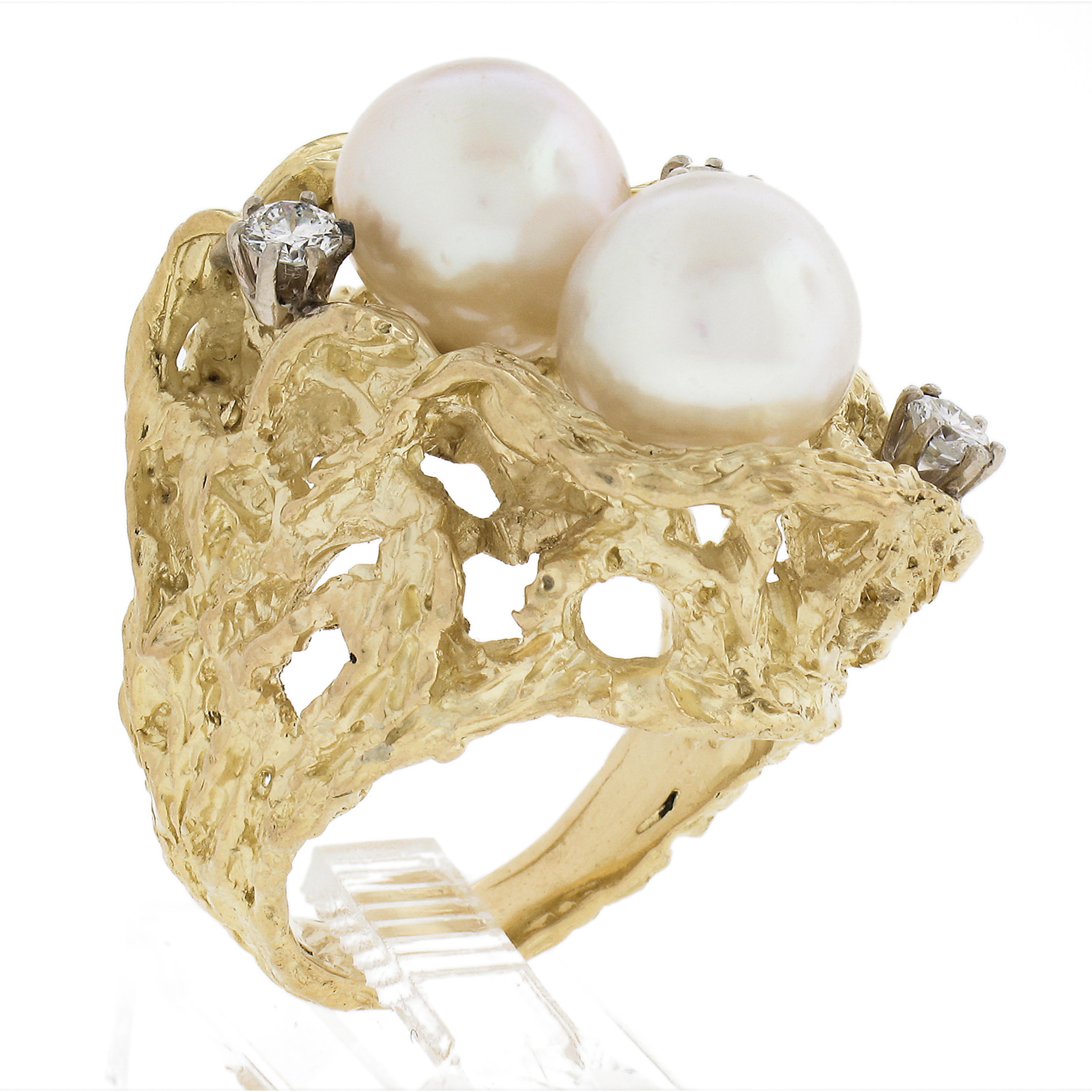Vintage 18k Gold 0.40ctw Diamond & Pearl Nugget Textured Freeform Cocktail Ring For Sale 4