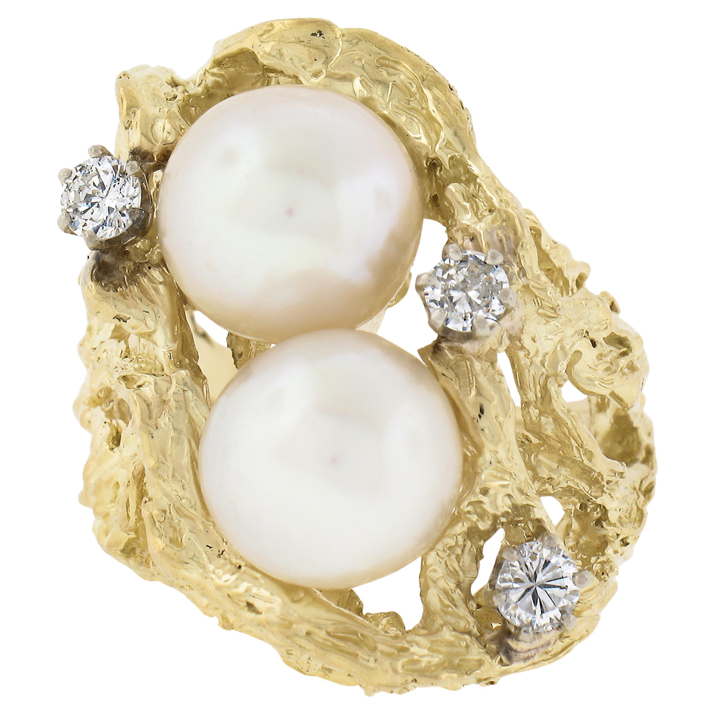 Vintage 18k Gold 0.40ctw Diamond & Pearl Nugget Textured Freeform Cocktail Ring For Sale