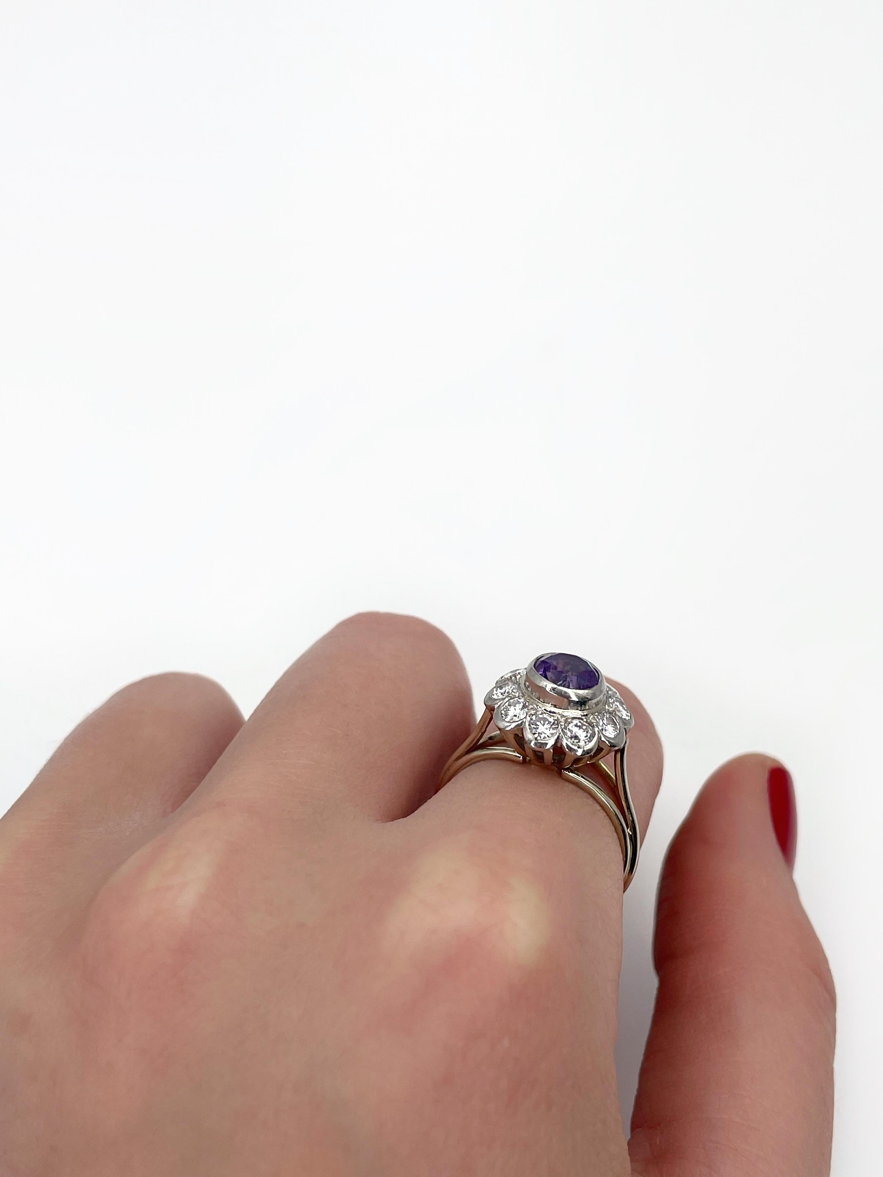 Women's Vintage 18 Karat Gold 0.70 Carat Amethyst 0.70 Carat Diamond Cluster Ring