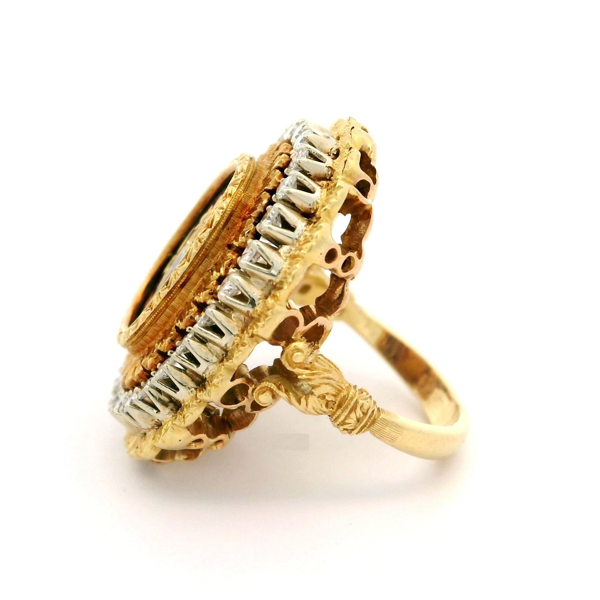 Bague plateau à fleurs texturée en or 18 carats avec émail bleu royal et diamants 0,75 carat en vente 2