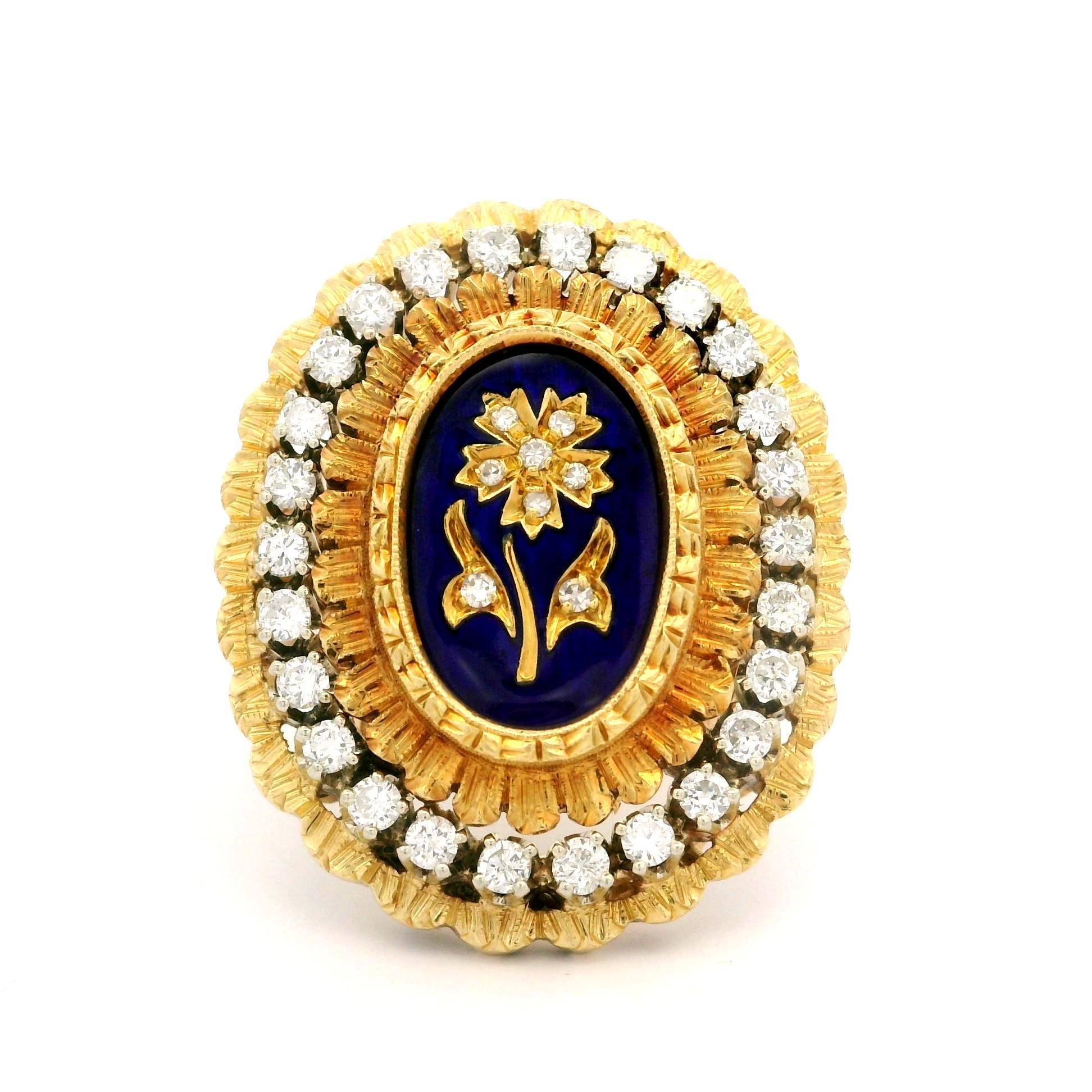 Vintage 18k Gold 0.75ctw Diamond Royal Blue Enamel Textured Flower Platter Ring