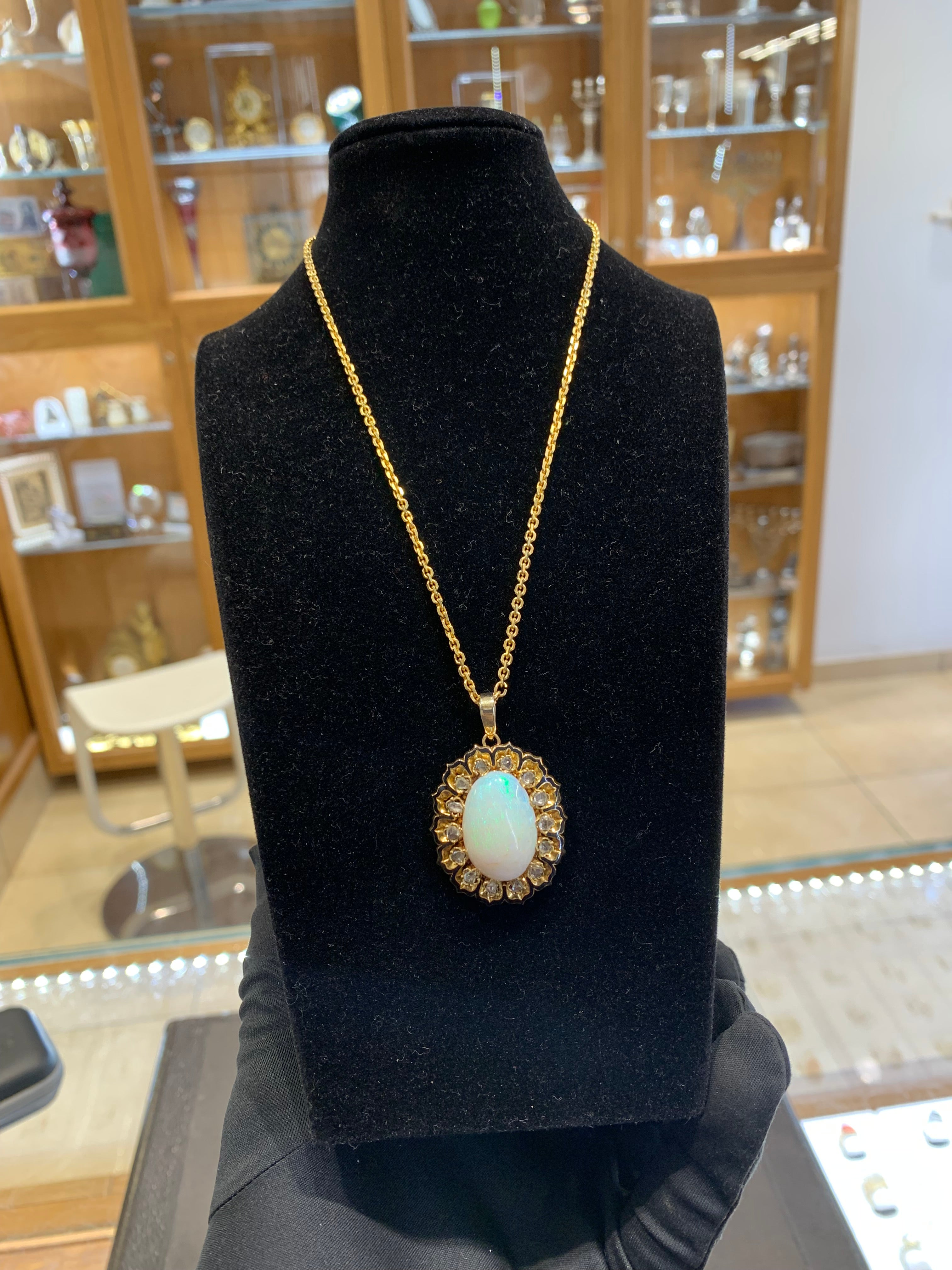 Beautifully Hand Crafted & Engraved 18k Solid Yellow Gold Opal & Diamond Pendant.
Old Cut Diamonds Set Into The Pendant. 
Incredible Craftsmanship, Very Well Made.
Amazingly Outlined With Black Enamel. 
Nice & Heavy Piece. Large Size