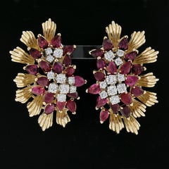 Vintage 18k Gold 10.32ctw Ruby & Diamond Large Ribbed Leaf Spray Omega Earrings
