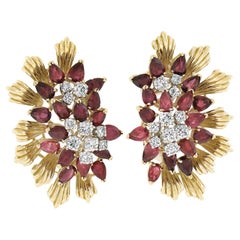 Vintage 18k Gold 10.32ctw Ruby & Diamond Large Ribbed Leaf Spray Omega Earrings