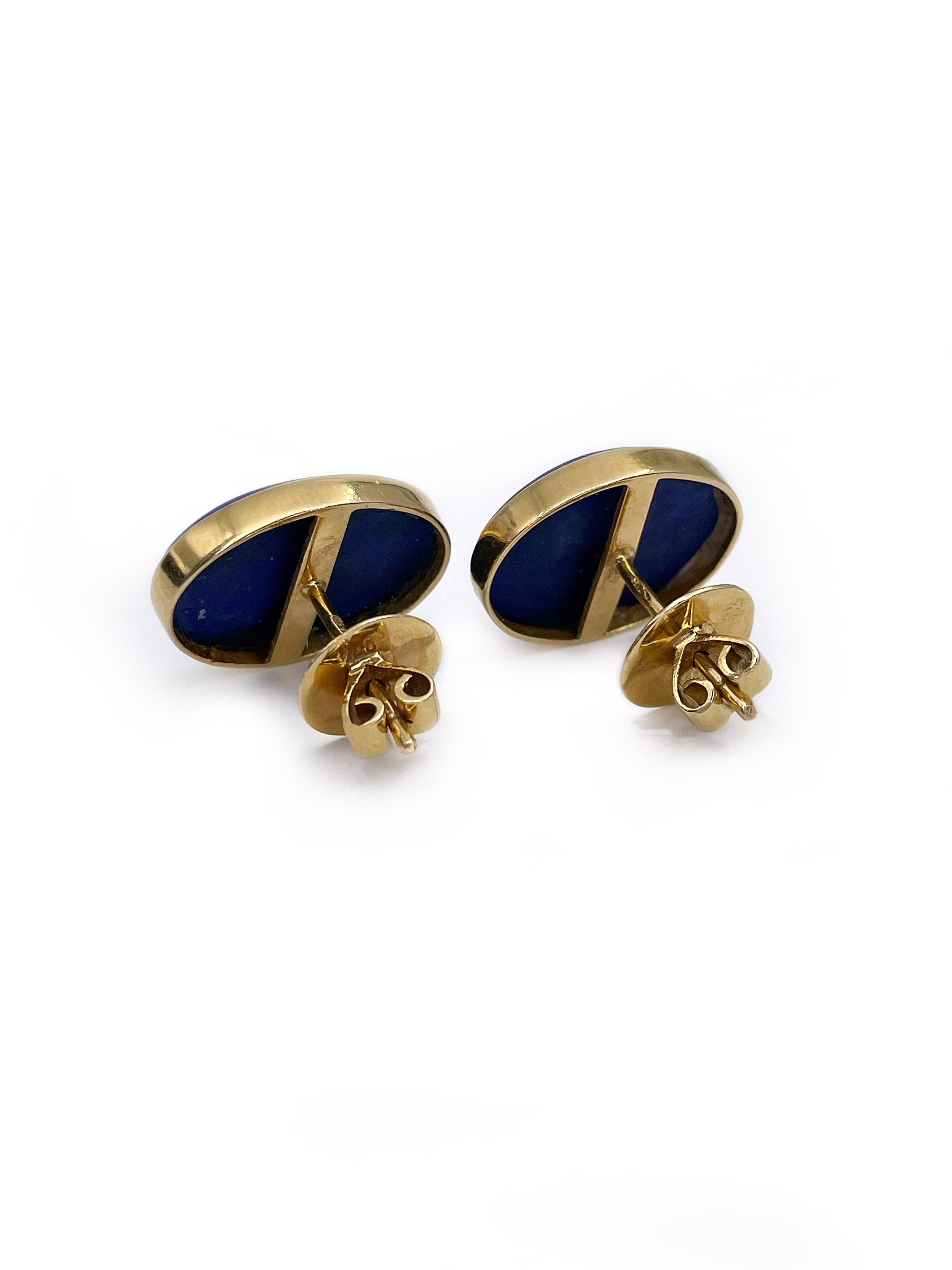 Oval Cut Vintage 18 Karat Gold 10.70 Carat Lapi Lazuli Oval Stud Earrings