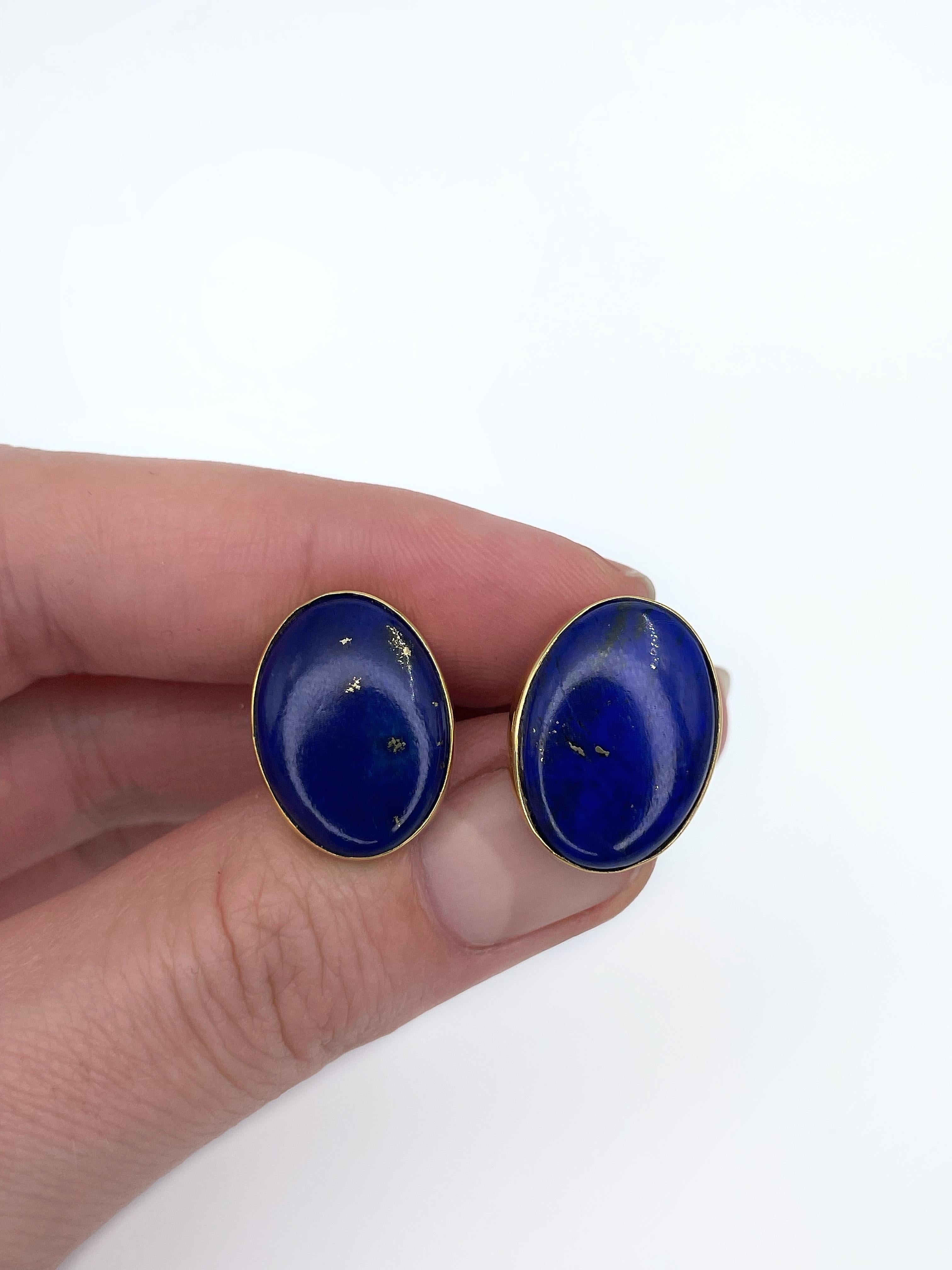 Vintage 18 Karat Gold 10.70 Carat Lapi Lazuli Oval Stud Earrings 1