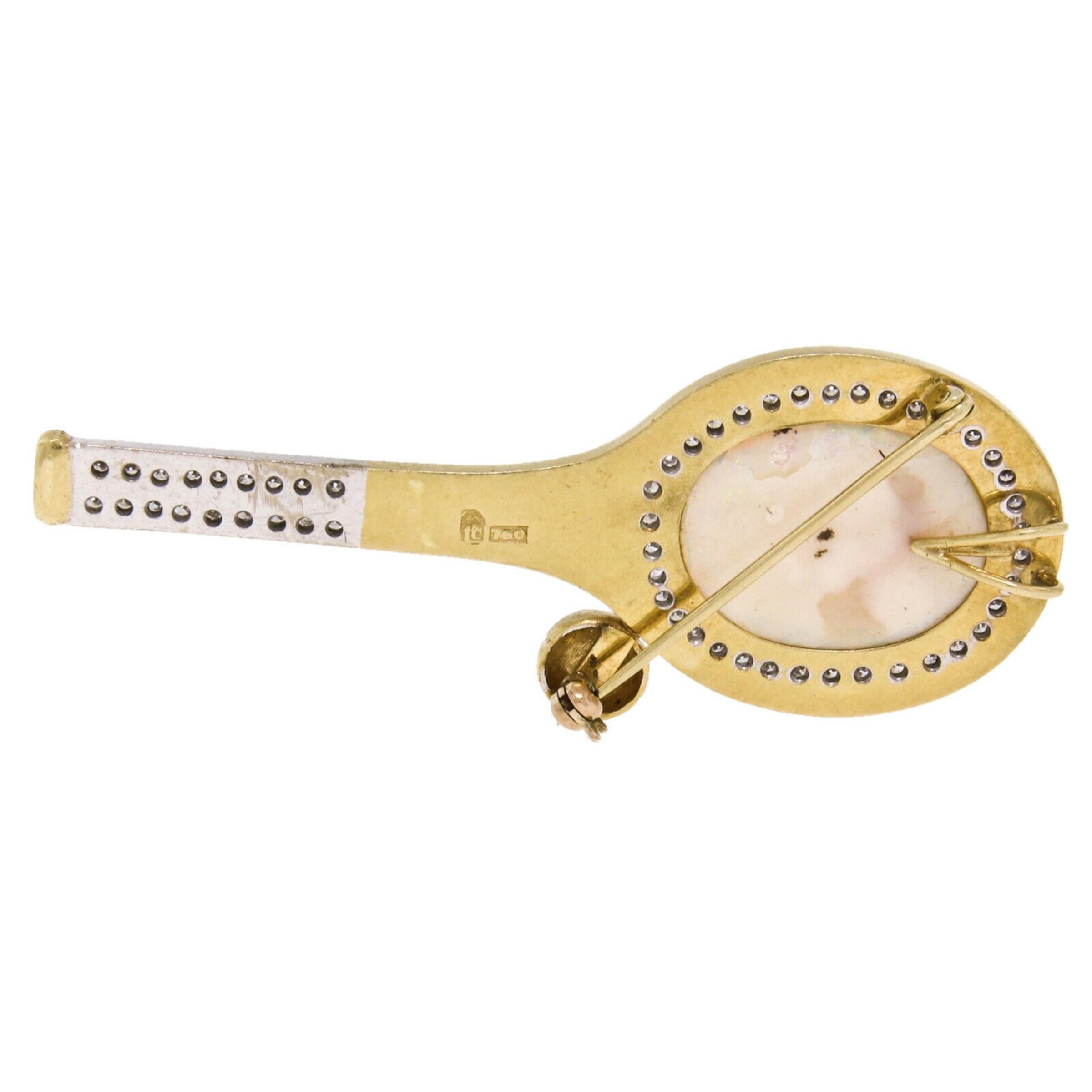 Vintage 18k Gold 11.60ctw Large Opal & Diamond Tennis Racket Brooch Pin Pendant For Sale 6