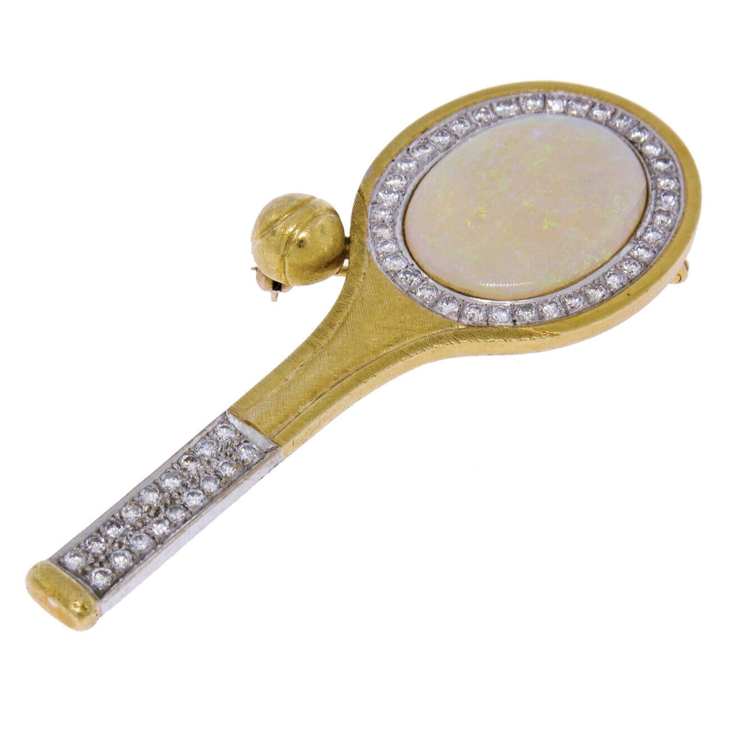 Oval Cut Vintage 18k Gold 11.60ctw Large Opal & Diamond Tennis Racket Brooch Pin Pendant For Sale