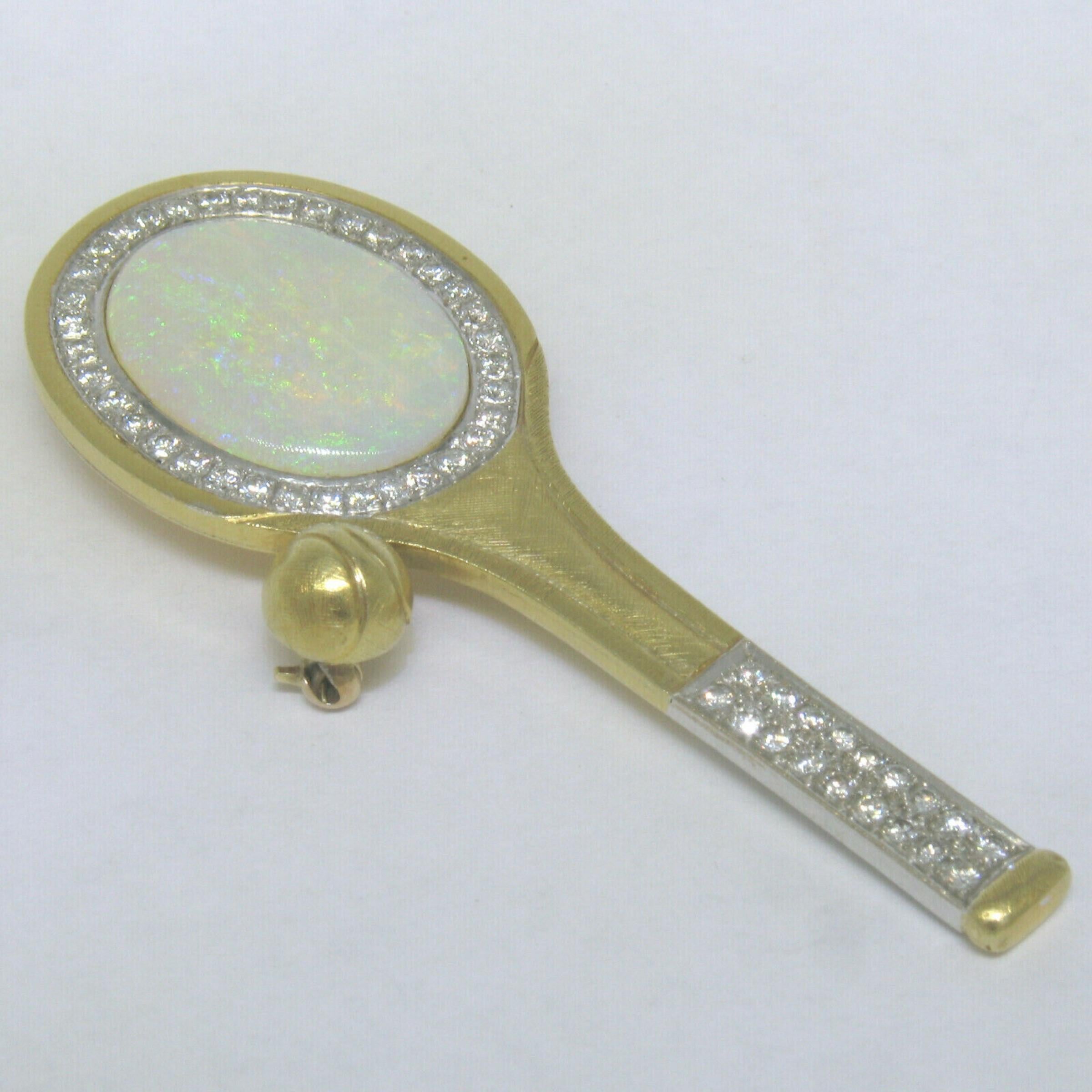 Vintage 18k Gold 11.60ctw Large Opal & Diamond Tennis Racket Brooch Pin Pendant In Good Condition For Sale In Montclair, NJ