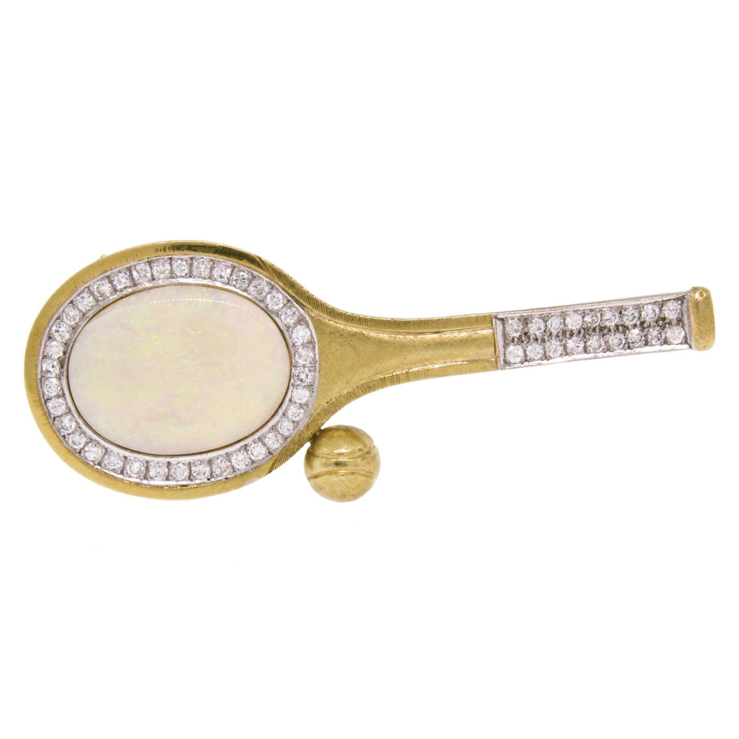 Women's Vintage 18k Gold 11.60ctw Large Opal & Diamond Tennis Racket Brooch Pin Pendant For Sale
