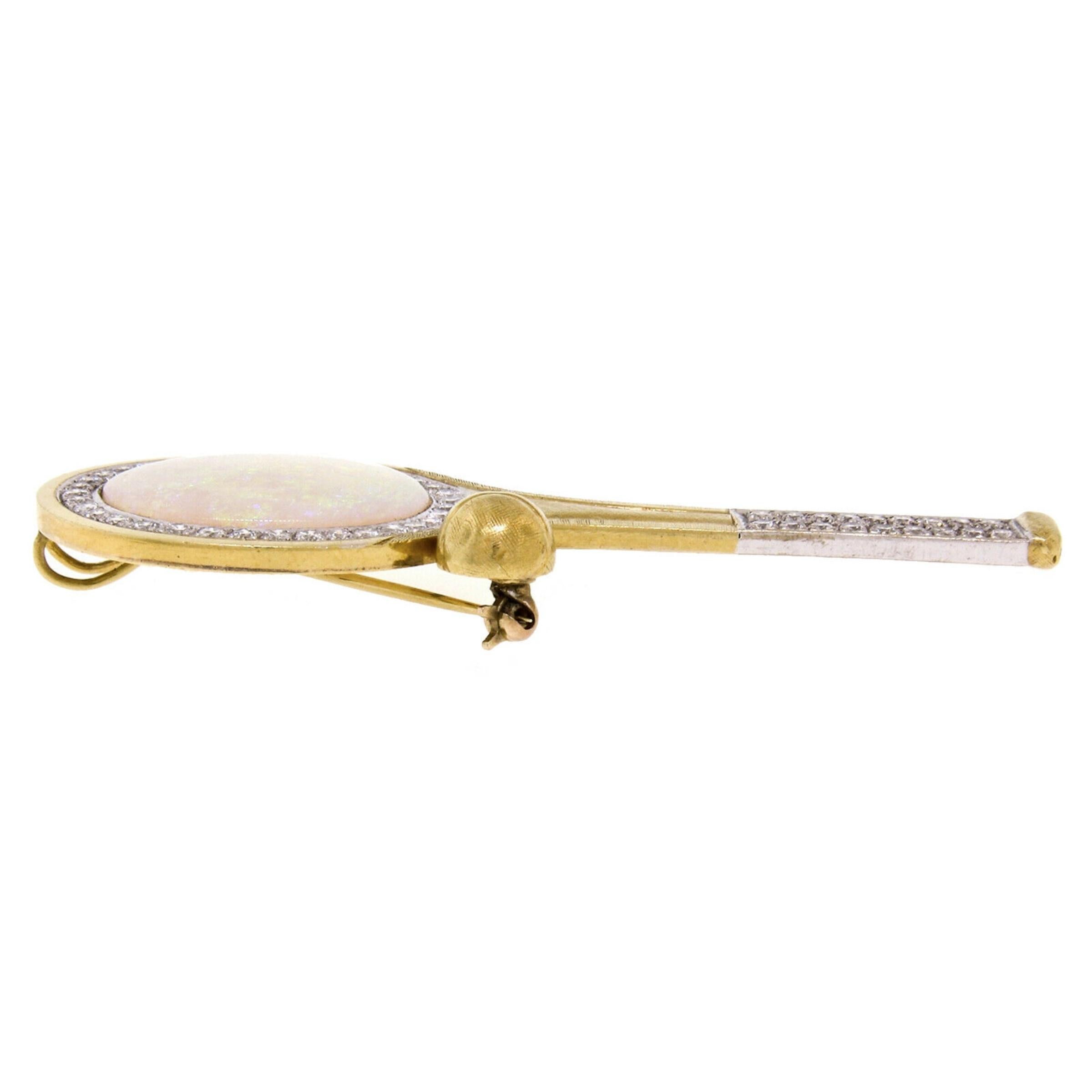 Vintage 18k Gold 11.60ctw Large Opal & Diamond Tennis Racket Brooch Pin Pendant For Sale 1