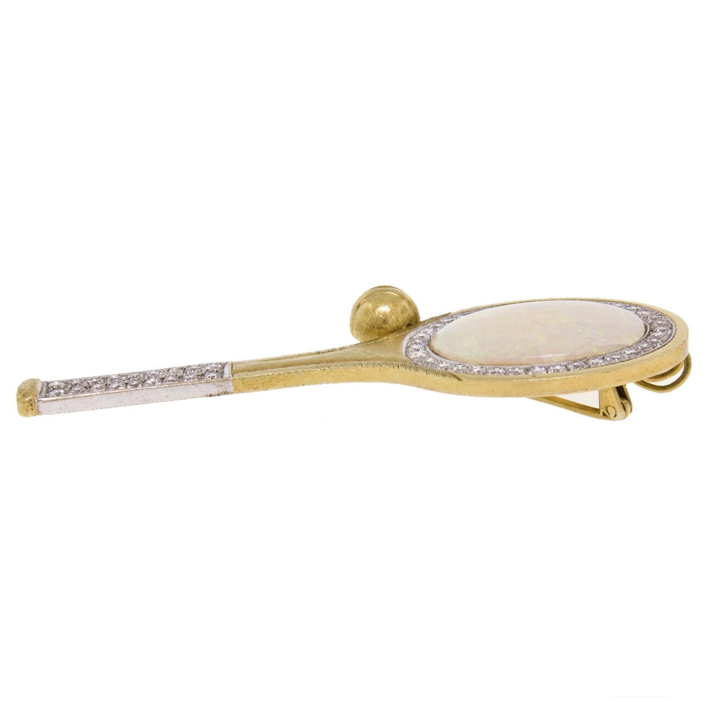 Vintage 18k Gold 11.60ctw Large Opal & Diamond Tennis Racket Brooch Pin Pendant For Sale 2