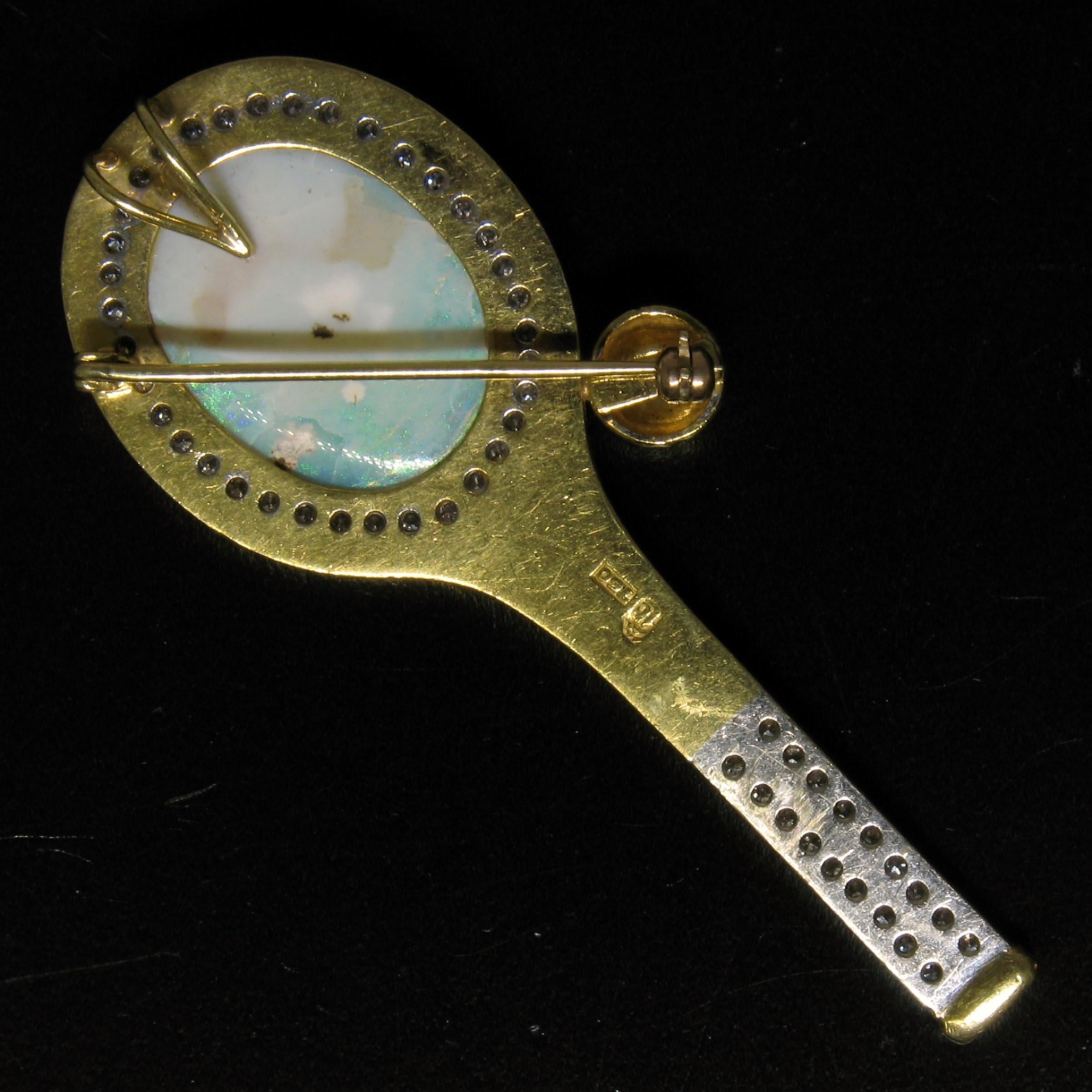 Vintage 18k Gold 11.60ctw Large Opal & Diamond Tennis Racket Brooch Pin Pendant For Sale 3