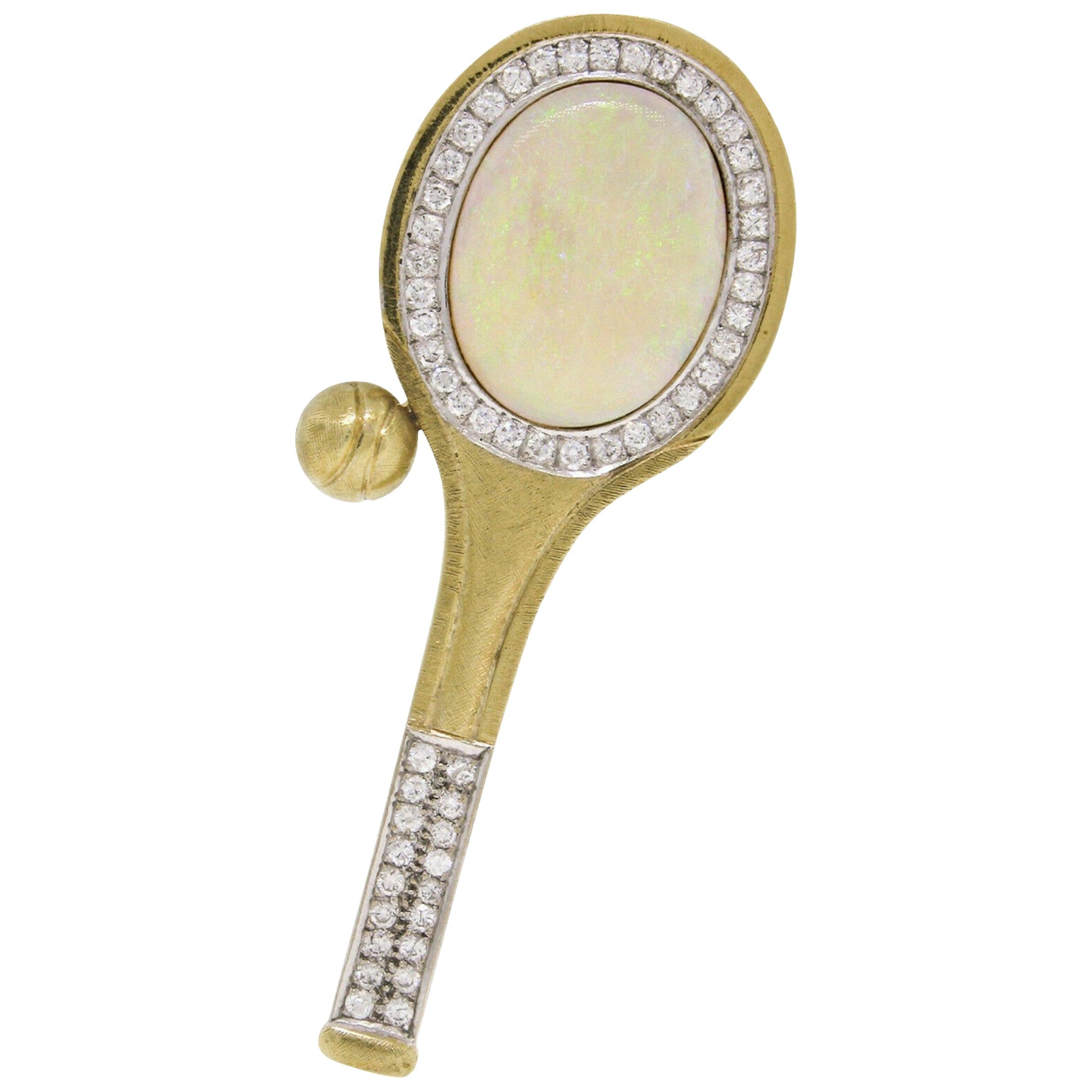 Vintage 18k Gold 11.60ctw Large Opal & Diamond Tennis Racket Brooch Pin Pendant