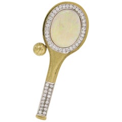 Pendentif broche raquette de tennis vintage en or 18 carats avec grande opale et diamants, 11,60 carats poids total