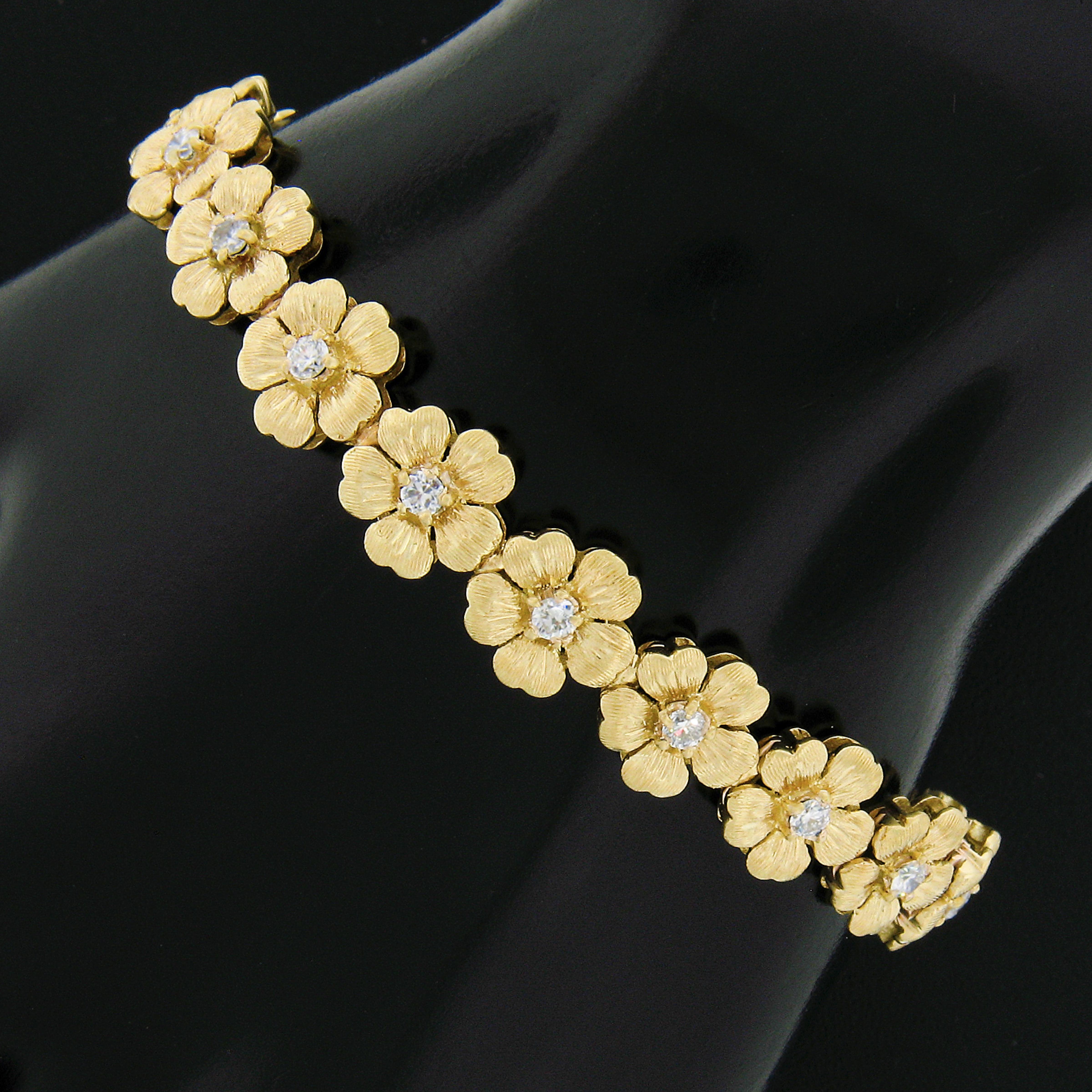 Round Cut Vintage 18k Gold 1.19ctw Diamond Detailed Etched Textured Flower Link Bracelet