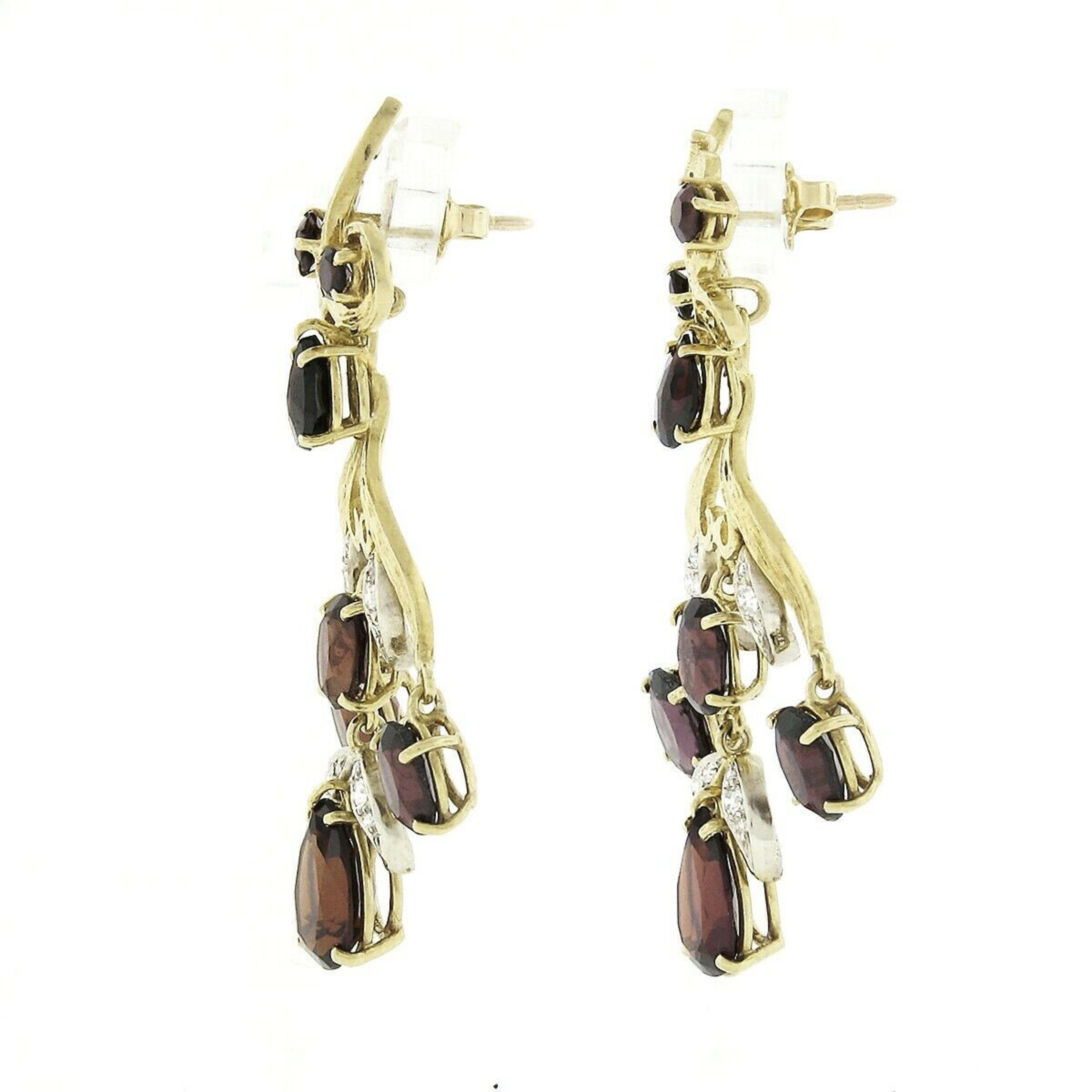 Pear Cut Vintage 18k Gold 11.9ctw GIA Red Pyrope Garnet & Diamond Flower Dangle Earrings For Sale