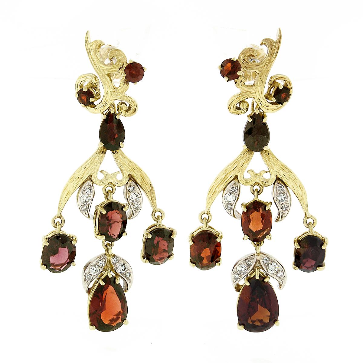 Oval Cut Vintage 18k Gold 11.9ctw GIA Red Pyrope Garnet & Diamond Flower Dangle Earrings For Sale