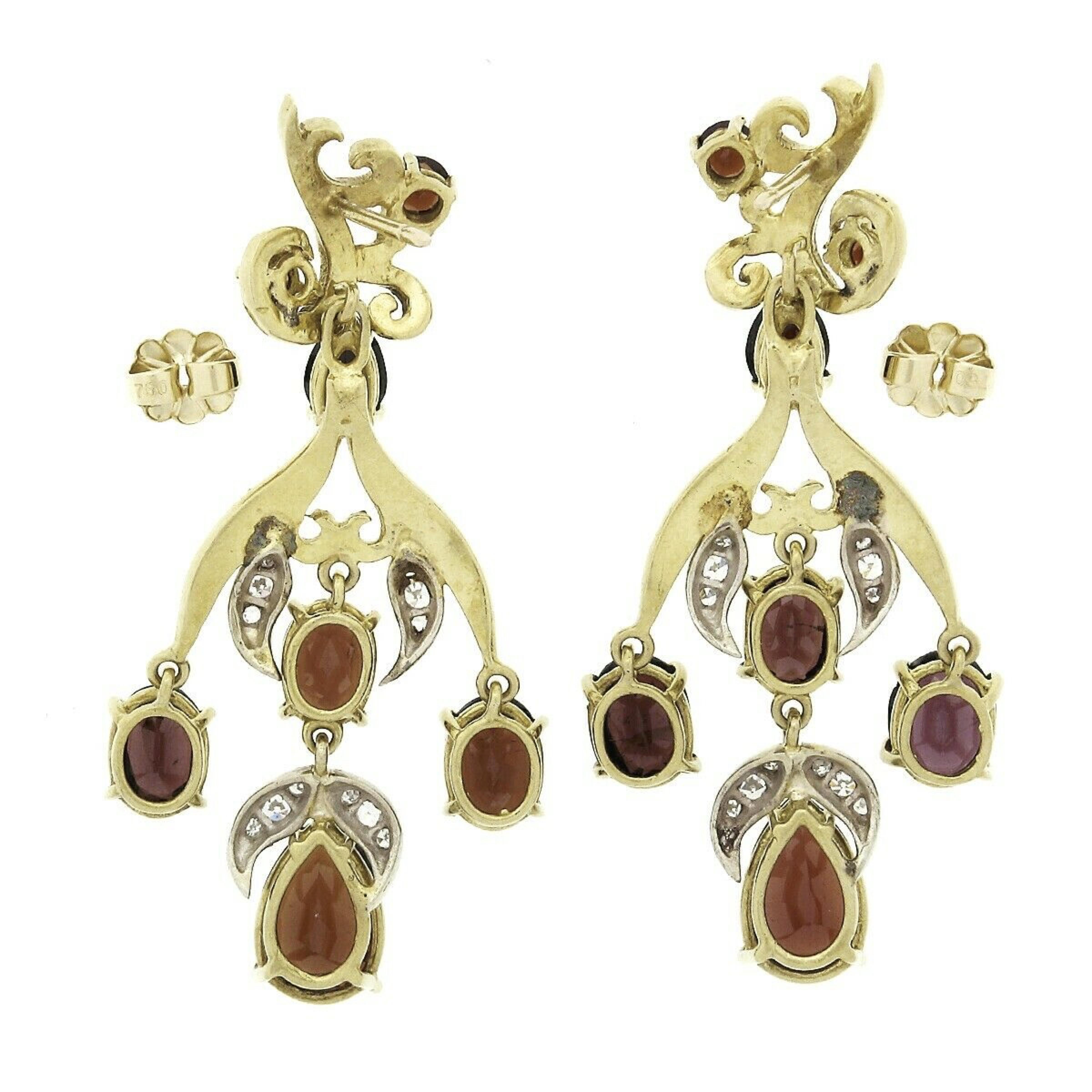 Women's Vintage 18k Gold 11.9ctw GIA Red Pyrope Garnet & Diamond Flower Dangle Earrings For Sale