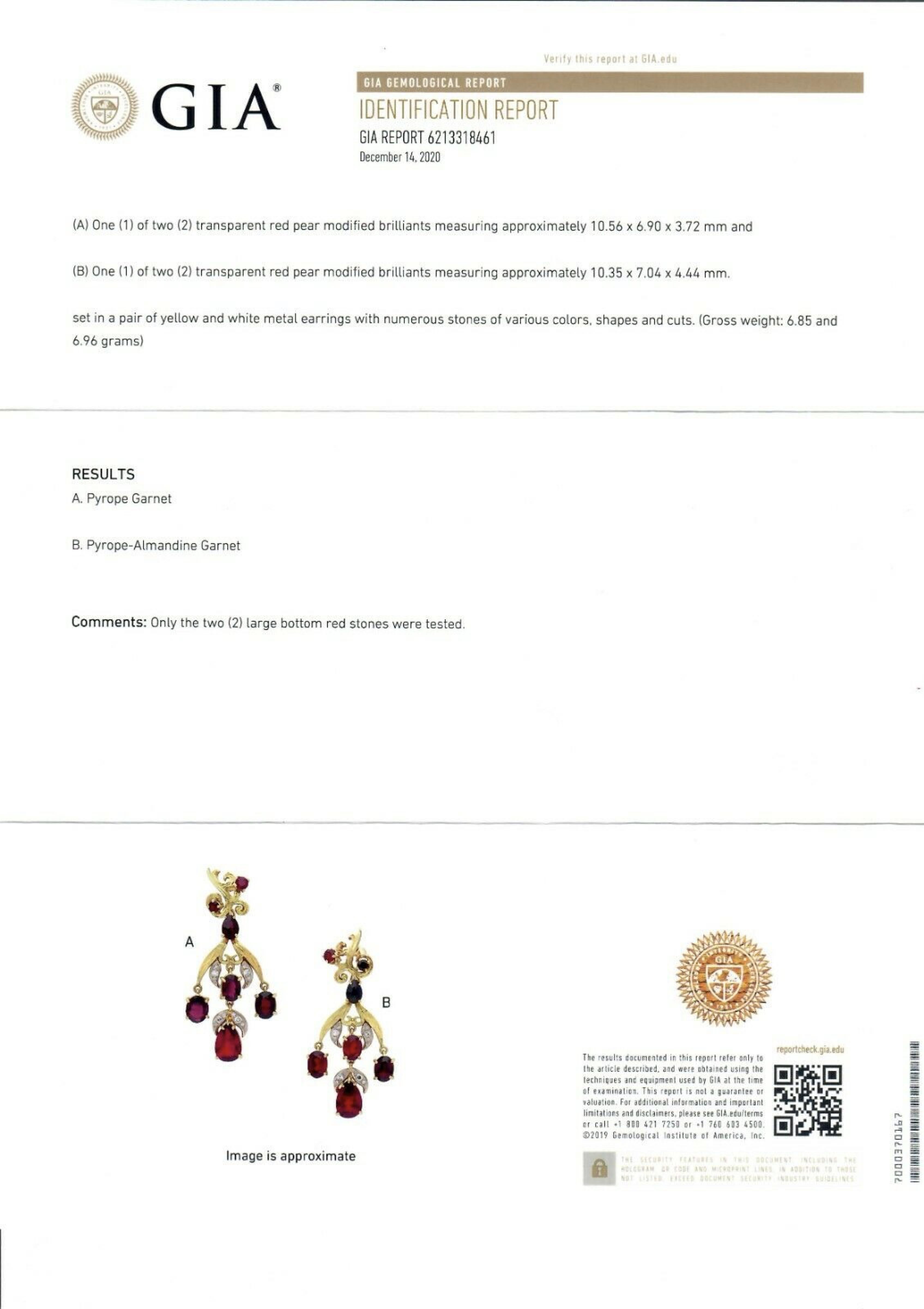 Vintage 18k Gold 11.9ctw GIA Red Pyrope Garnet & Diamond Flower Dangle Earrings For Sale 2
