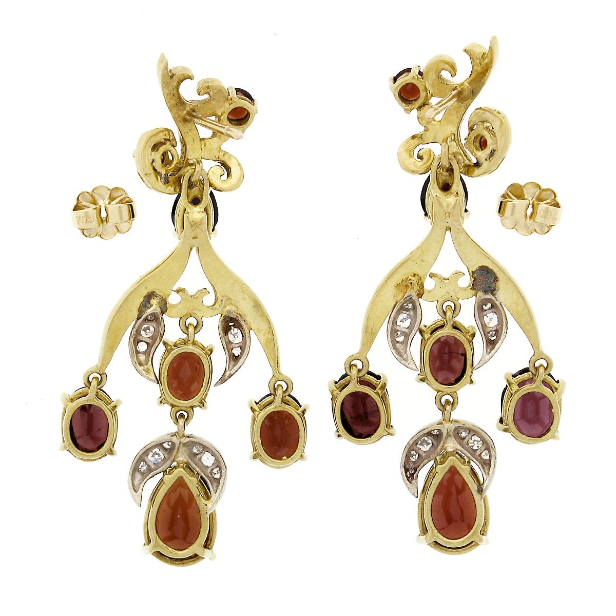 Vintage 18k Gold 11.9ctw GIA Red Pyrope Garnet & Diamond Flower Dangle Earrings For Sale 2