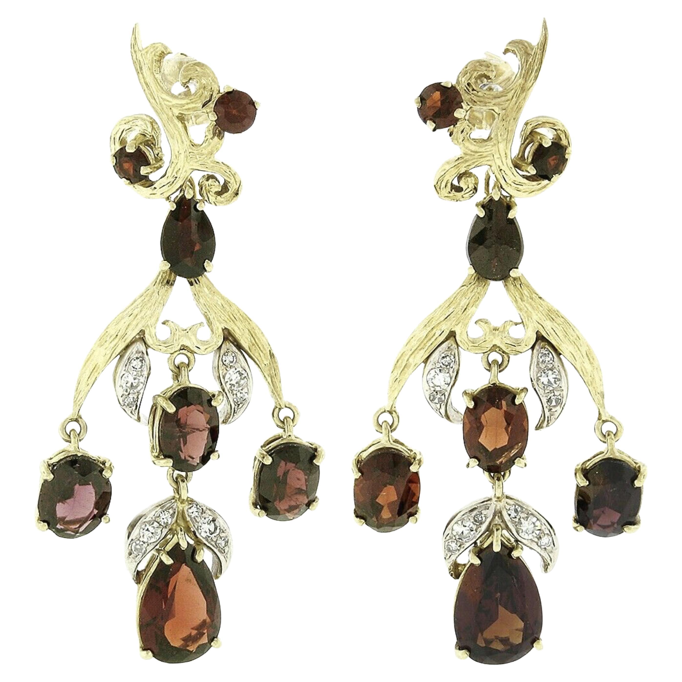 Vintage 18k Gold 11.9ctw GIA Red Pyrope Garnet & Diamond Flower Dangle Earrings For Sale