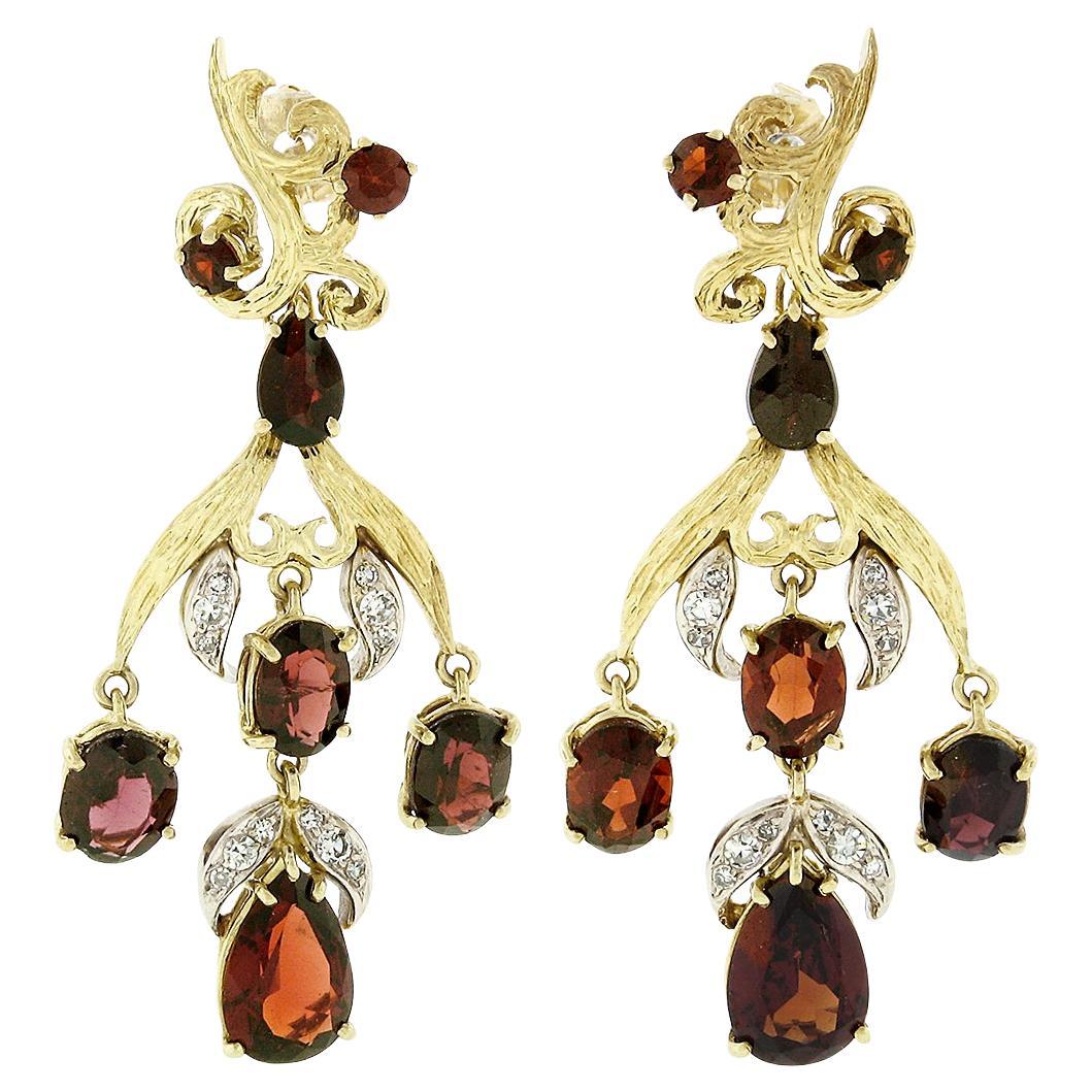 Vintage 18k Gold 11.9ctw GIA Red Pyrope Garnet & Diamond Flower Dangle Earrings For Sale