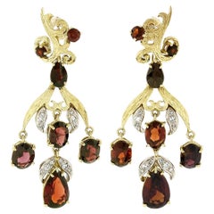 Vintage 18k Gold 11.9ctw GIA Red Pyrope Garnet & Diamond Flower Dangle Earrings
