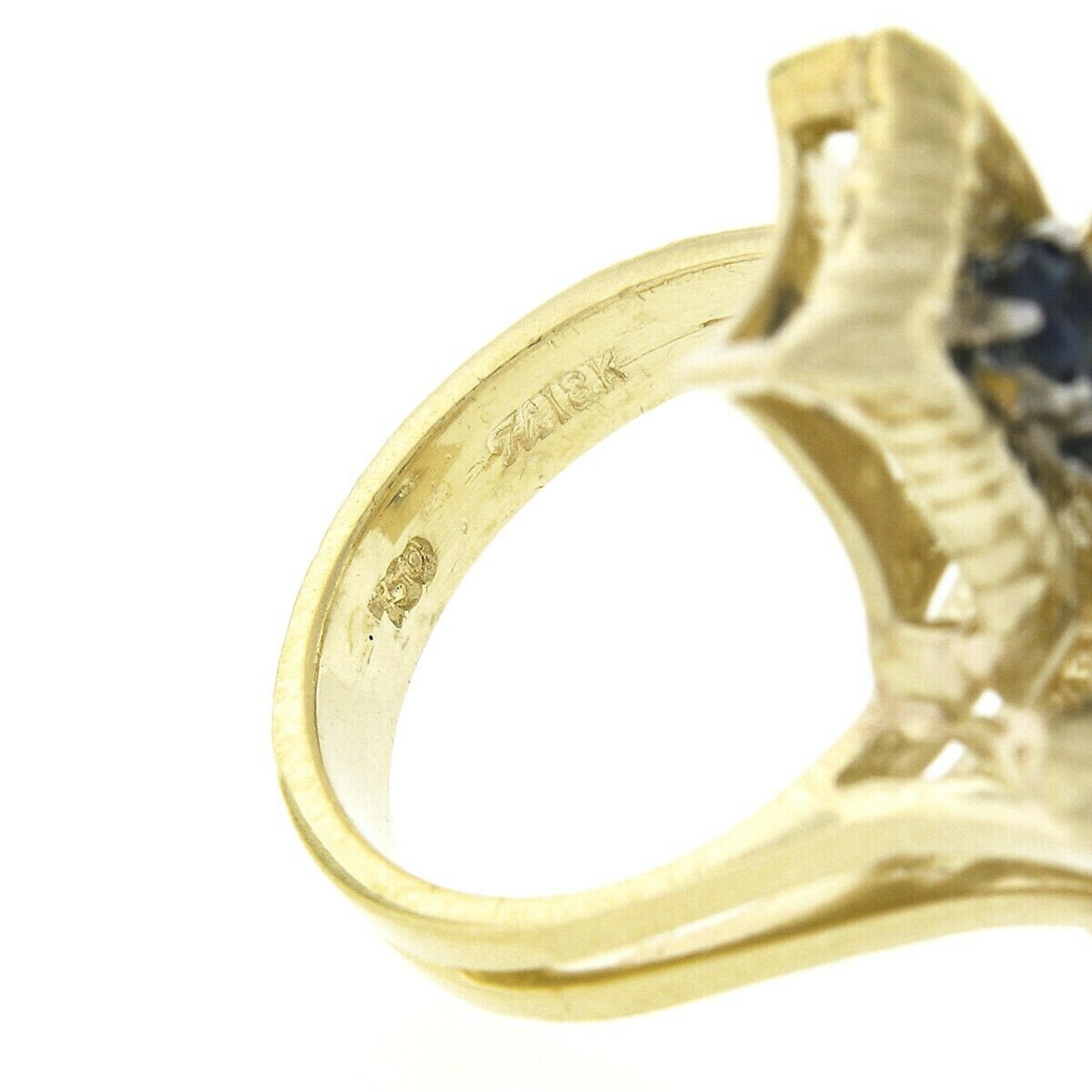 Vintage 18K Gold 1.20ctw Diamond Sapphire Textured Tiered Overlap Geometric Ring For Sale 5