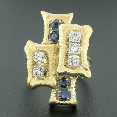 Vintage 18K Gold 1.20ctw Diamond Sapphire Textured Tiered Overlap Geometric Ring